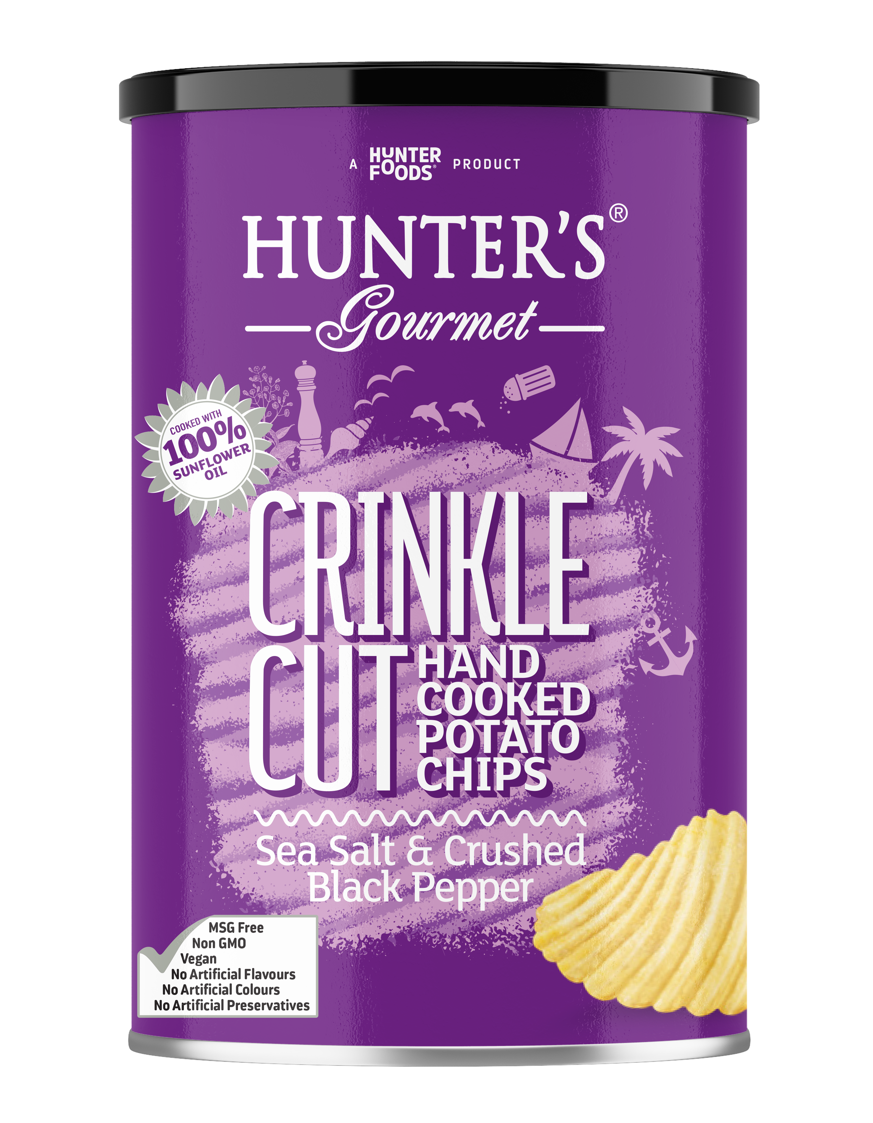 Hunter's Gourmet Hand Cooked Crinkled Chips Sea Salt & Crushed Black Pepper 12 units per case 140 g