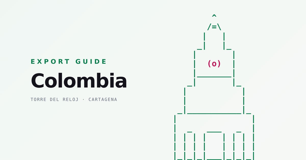 Grovara distributor guide: ASCII art of Cartagena's Torre del Reloj over the headline Colombia