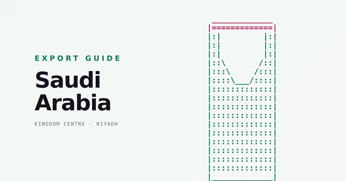 ASCII art of Kingdom Centre Tower in Riyadh on Grovara's Saudi Arabia export guide card
