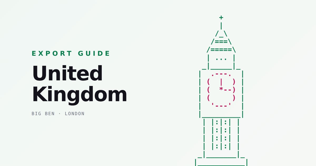 ASCII art of Big Ben's clock tower in London on Grovara's United Kingdom export guide card