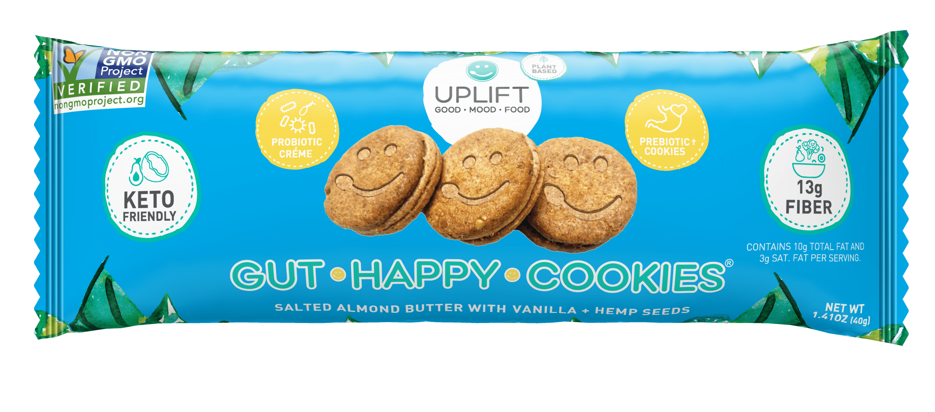 Uplift Food Gut Happy Cookies: Salted Almond Butter w/ Vanilla + Hemp Seed 36 units per case 1.5 oz