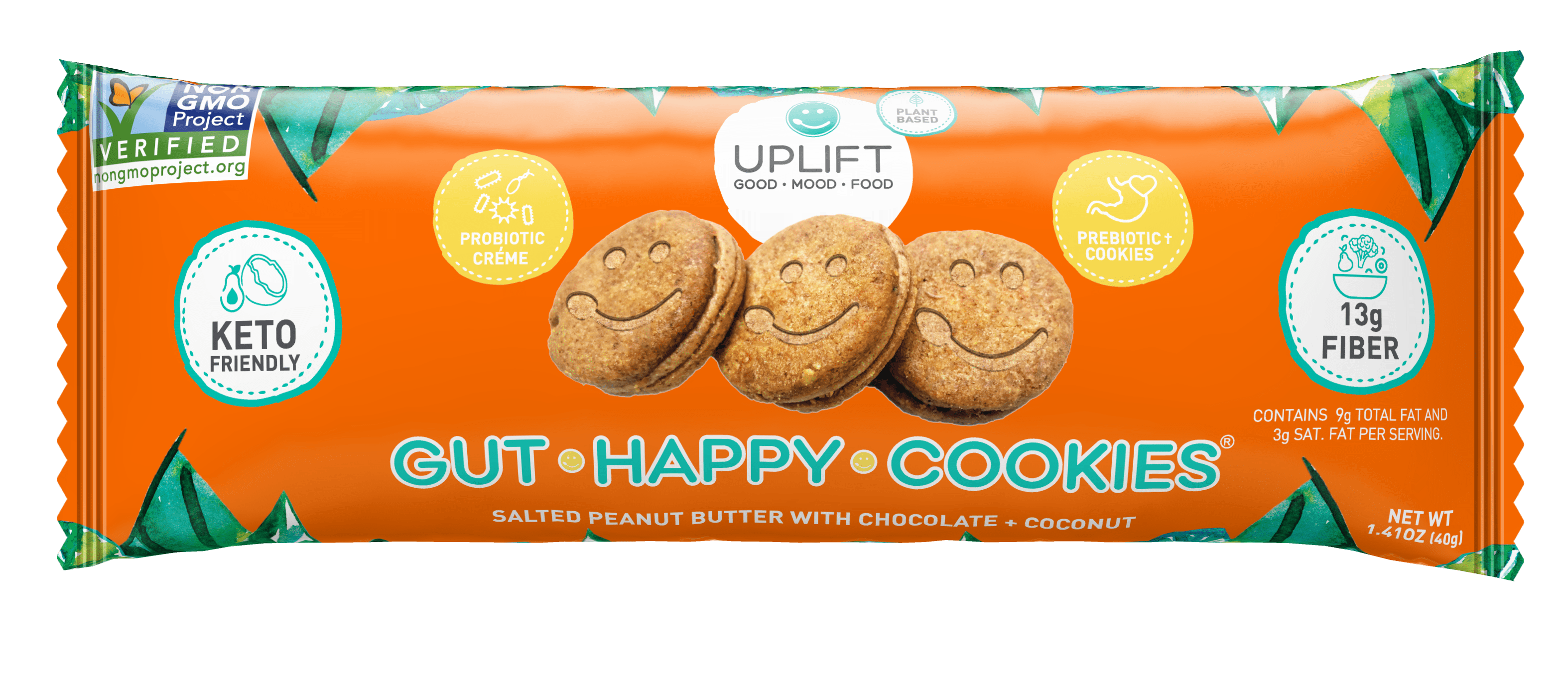 Uplift Food Gut Happy Cookies: Salted Peanut Butter w/ Chocolate + Coconut 36 units per case 1.5 oz