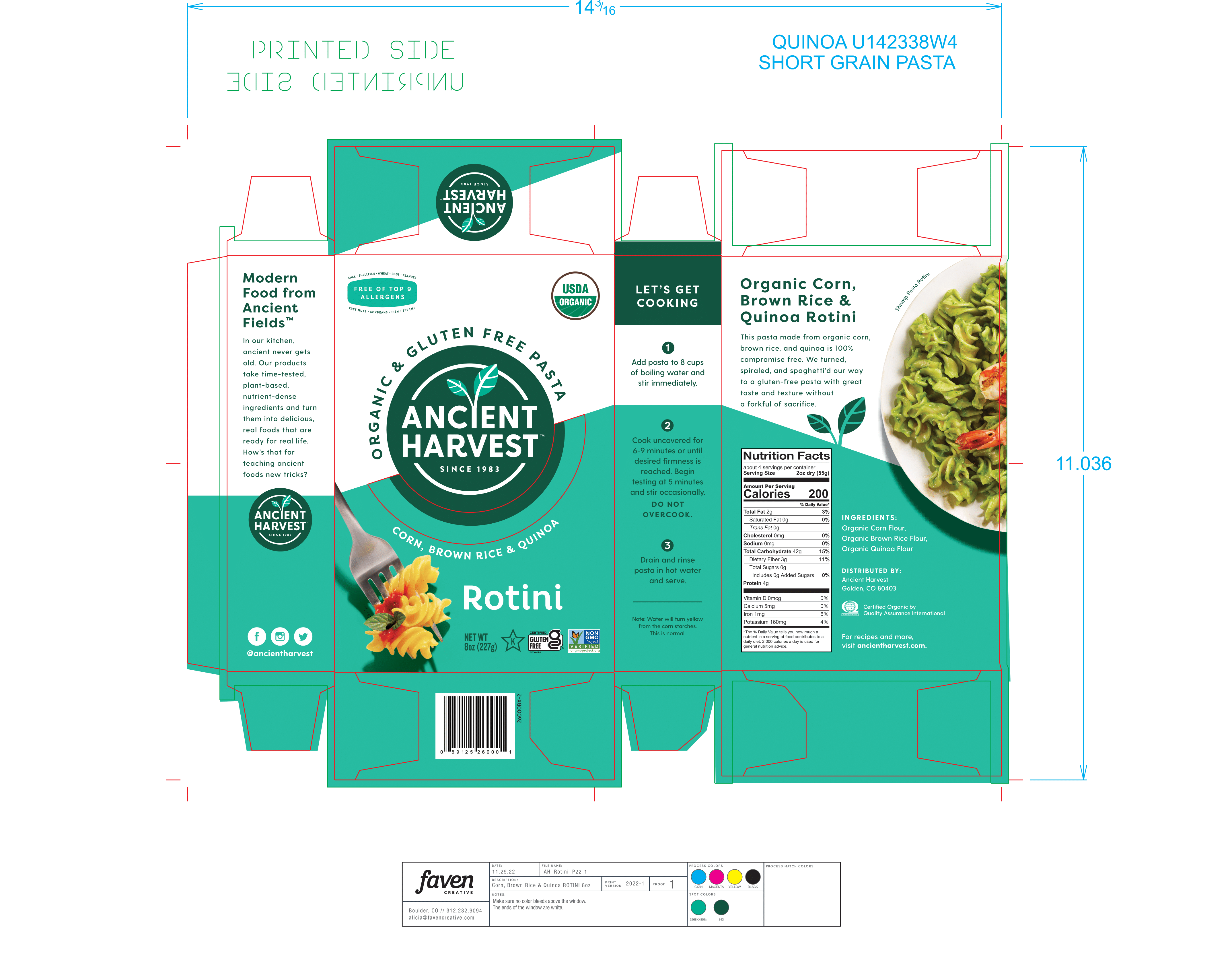 Ancient Harvest Organic Supergrain Pasta Rotini 12 units per case 8.0 oz Product Label