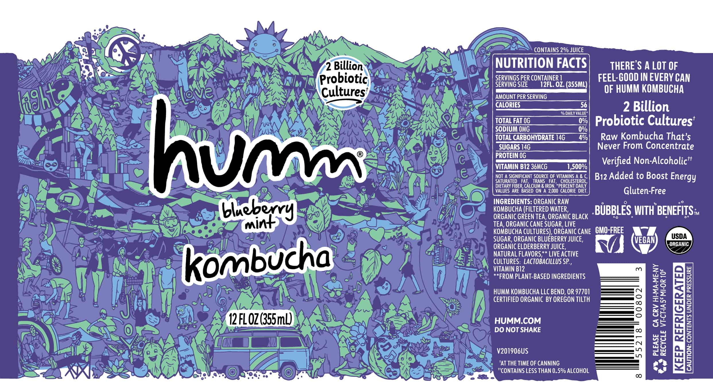 Humm Kombucha Blueberry Mint 6 units per case 12.0 fl Product Label