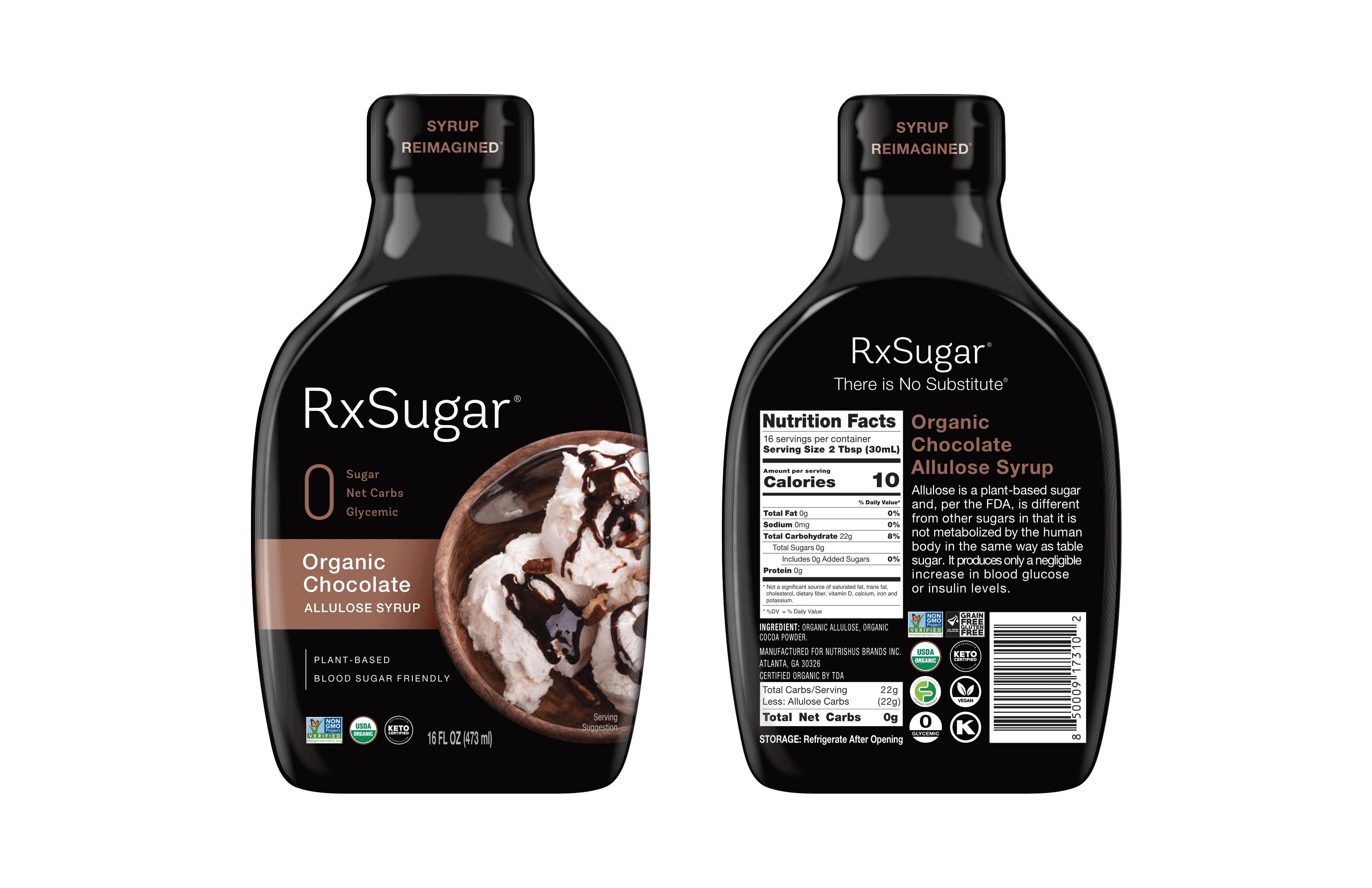 RxSugar Organic Chocolate Allulose Syrup 6 units per case 16.0 oz Product Label