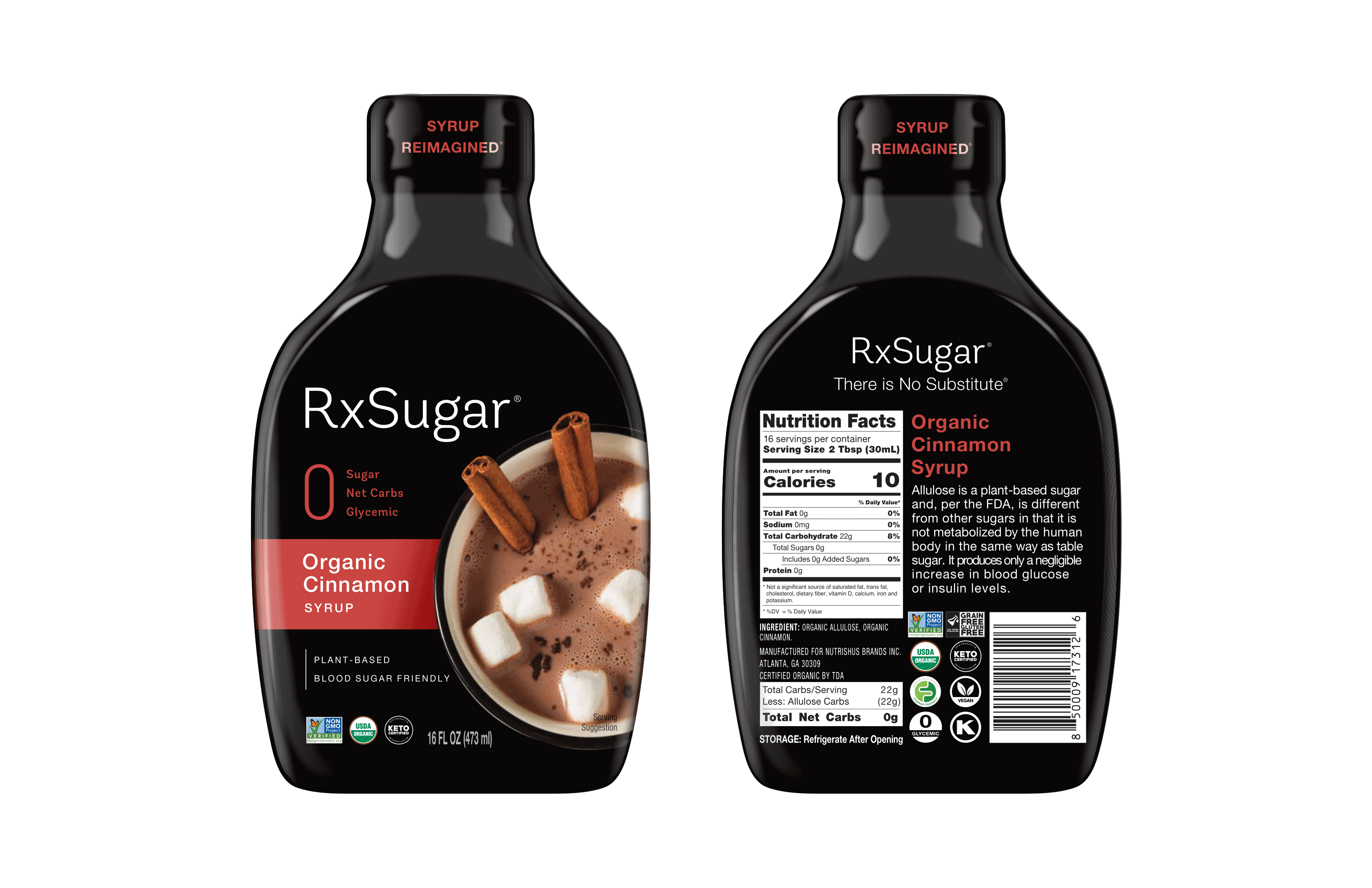 RxSugar Organic Cinnamon Allulose Syrup 6 units per case 16.0 oz Product Label