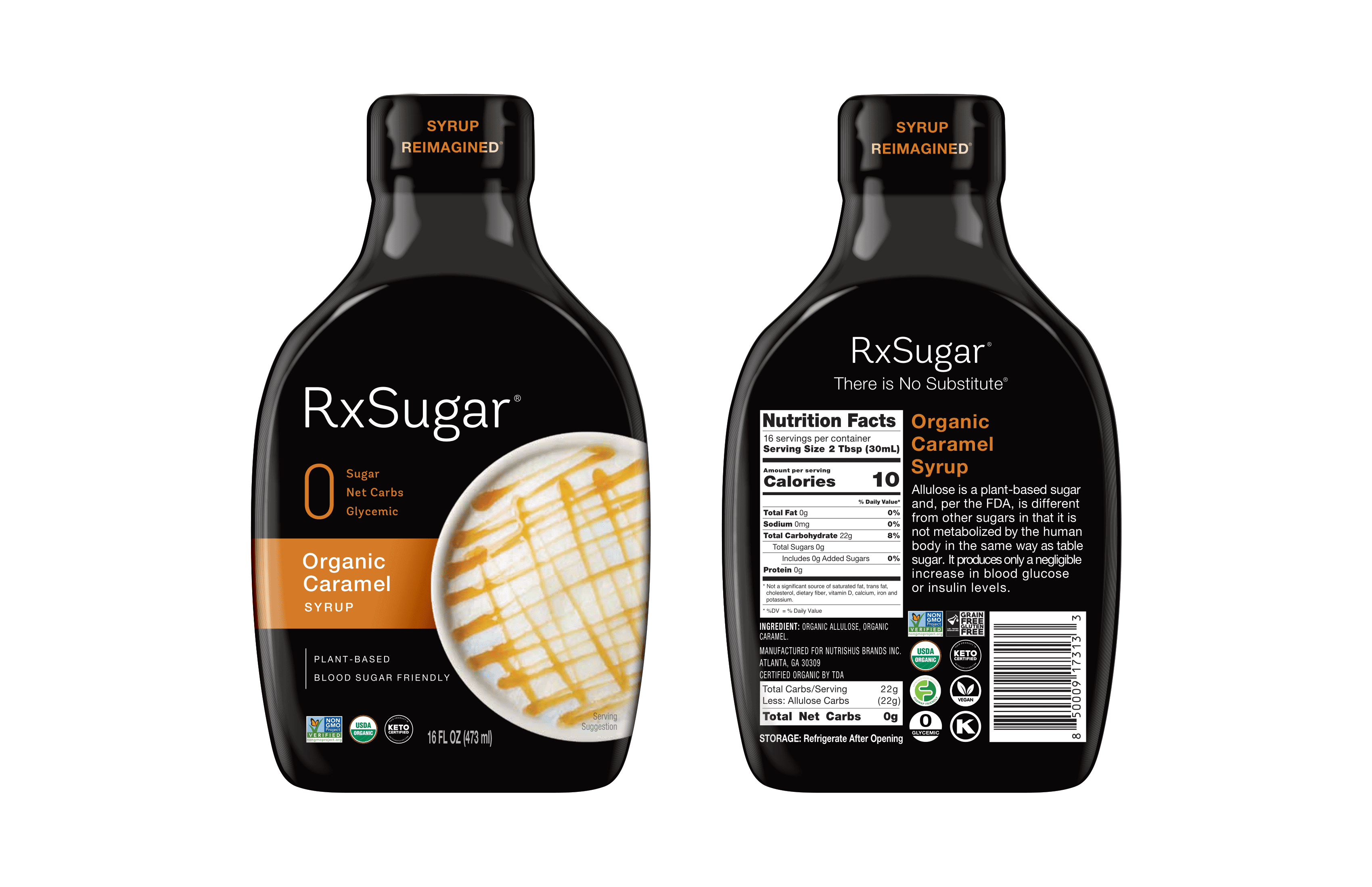 RxSugar Organic Caramel Allulose Syrup 6 units per case 16.0 oz Product Label