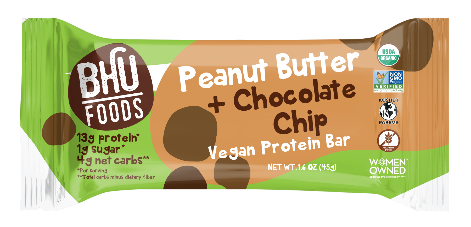 BHU Foods Vegan Protein Bar - Peanut Butter Chocolate Chip 12 innerpacks per case 19.0 oz