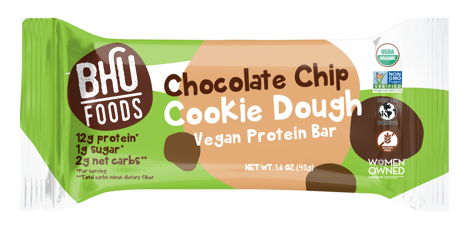 BHU Foods Vegan Protein Bar - Chocolate Chip Cookie Dough 12 innerpacks per case 19.0 oz