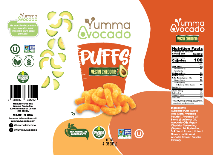 Yumma Avocado Puffs Vegan Cheddar 4 oz 6 units per case Product Label