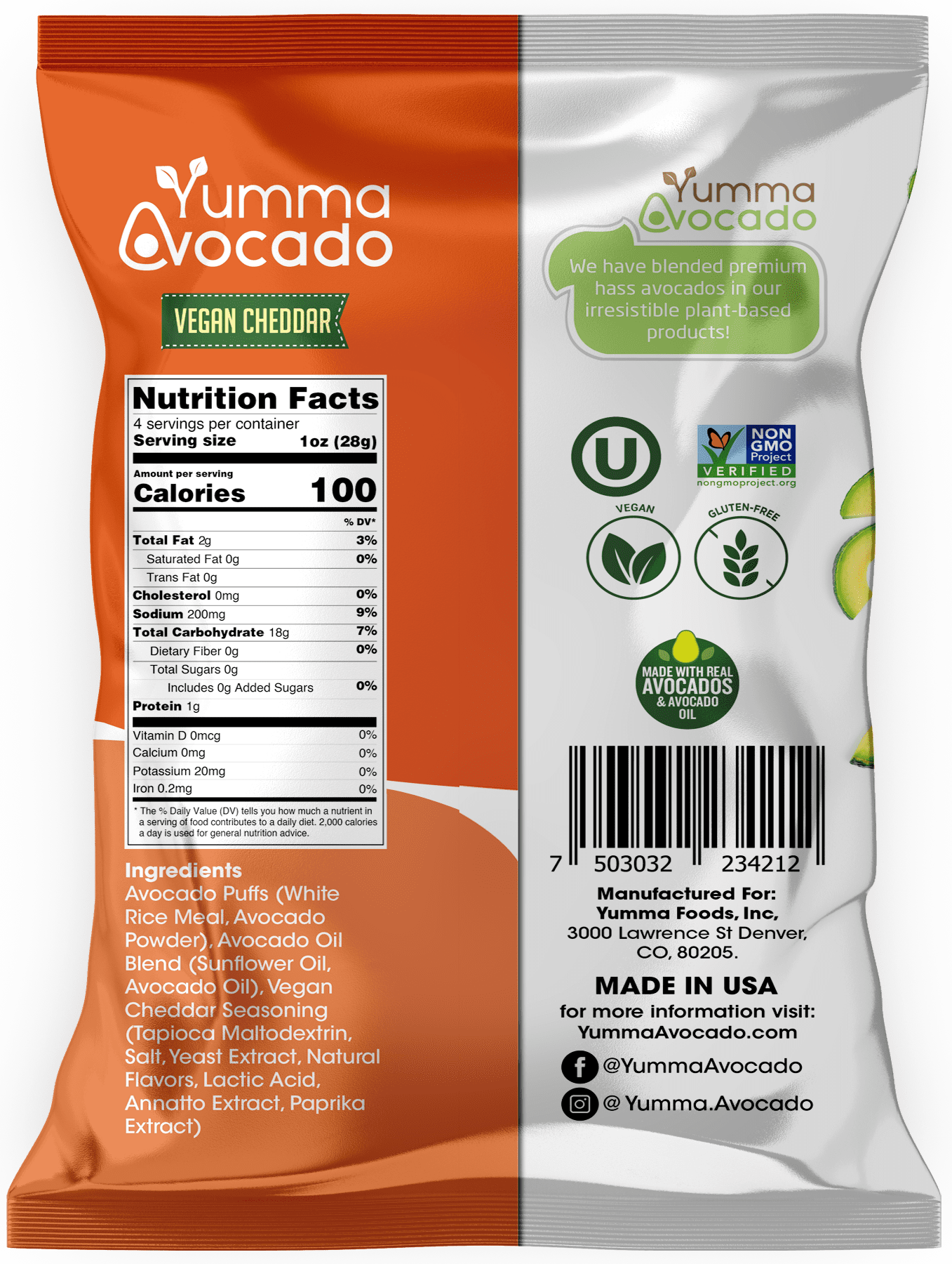 Yumma Avocado Puffs Vegan Cheddar 4 oz 6 units per case
