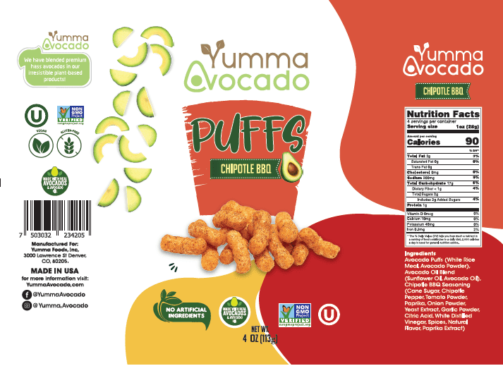 Yumma Avocado Puffs Chipotle BBQ 4 oz 6 units per case Product Label