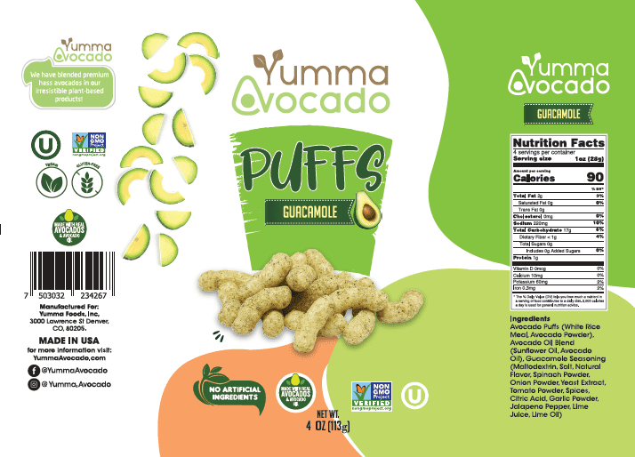 Yumma Avocado Puffs Guacamole 4 oz 6 units per case Product Label