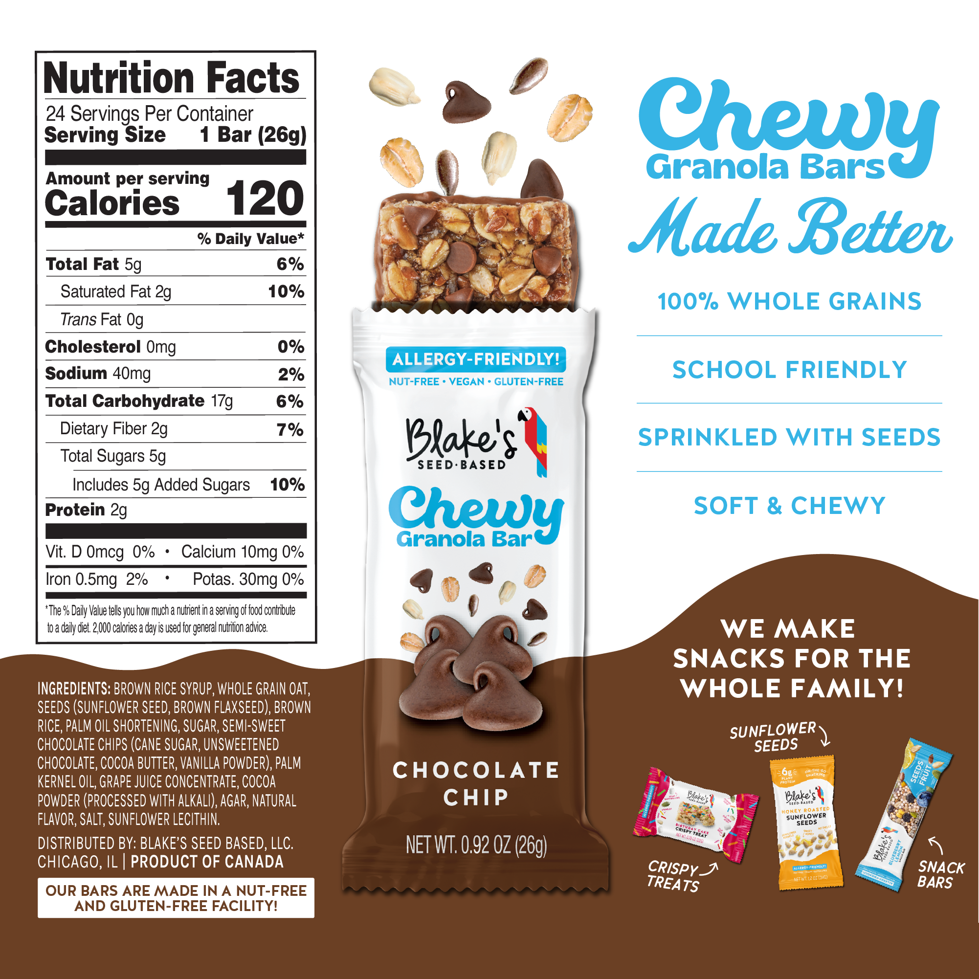 Blake's Seed Based Chocolate Chip Chewy Granloa Bar 8 innerpacks per case 22.1 oz