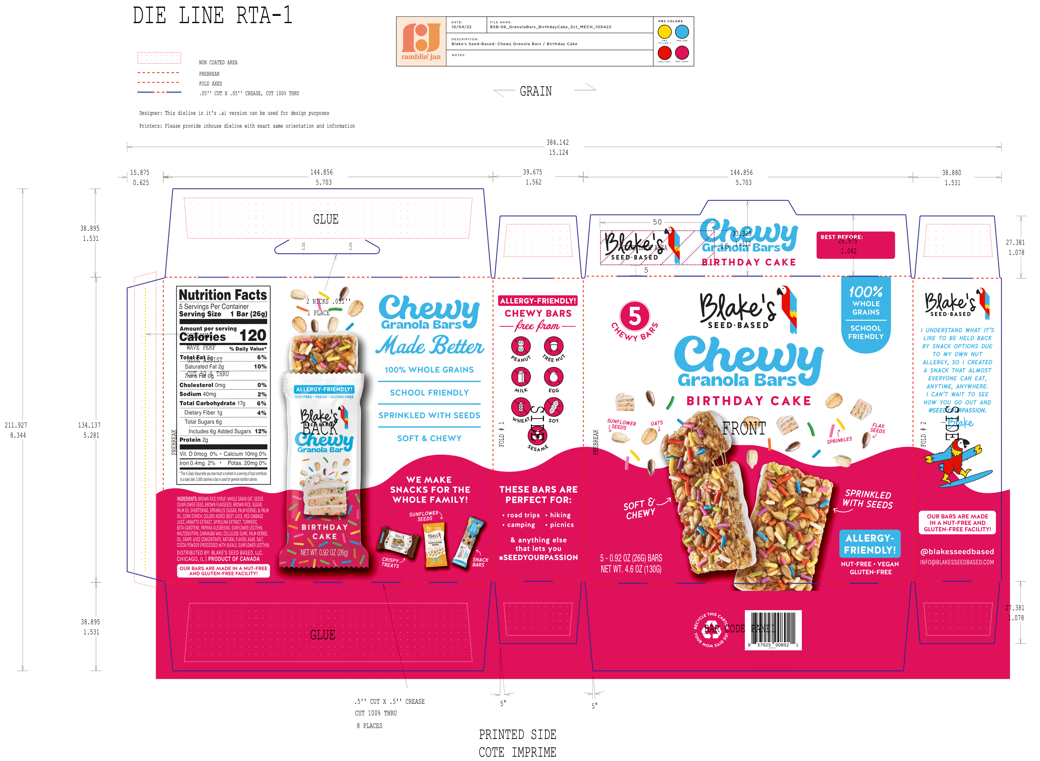 Blake's Seed Based Birthday Cake Chewy Granola Bar 12 innerpacks per case 4.6 oz Product Label