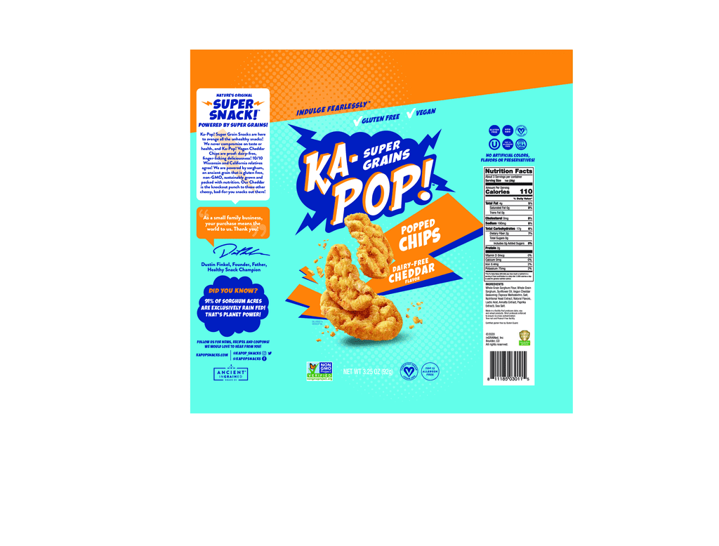 Ka-Pop! Vegan Cheddar Popped Chips 12 units per case 3.3 oz Product Label