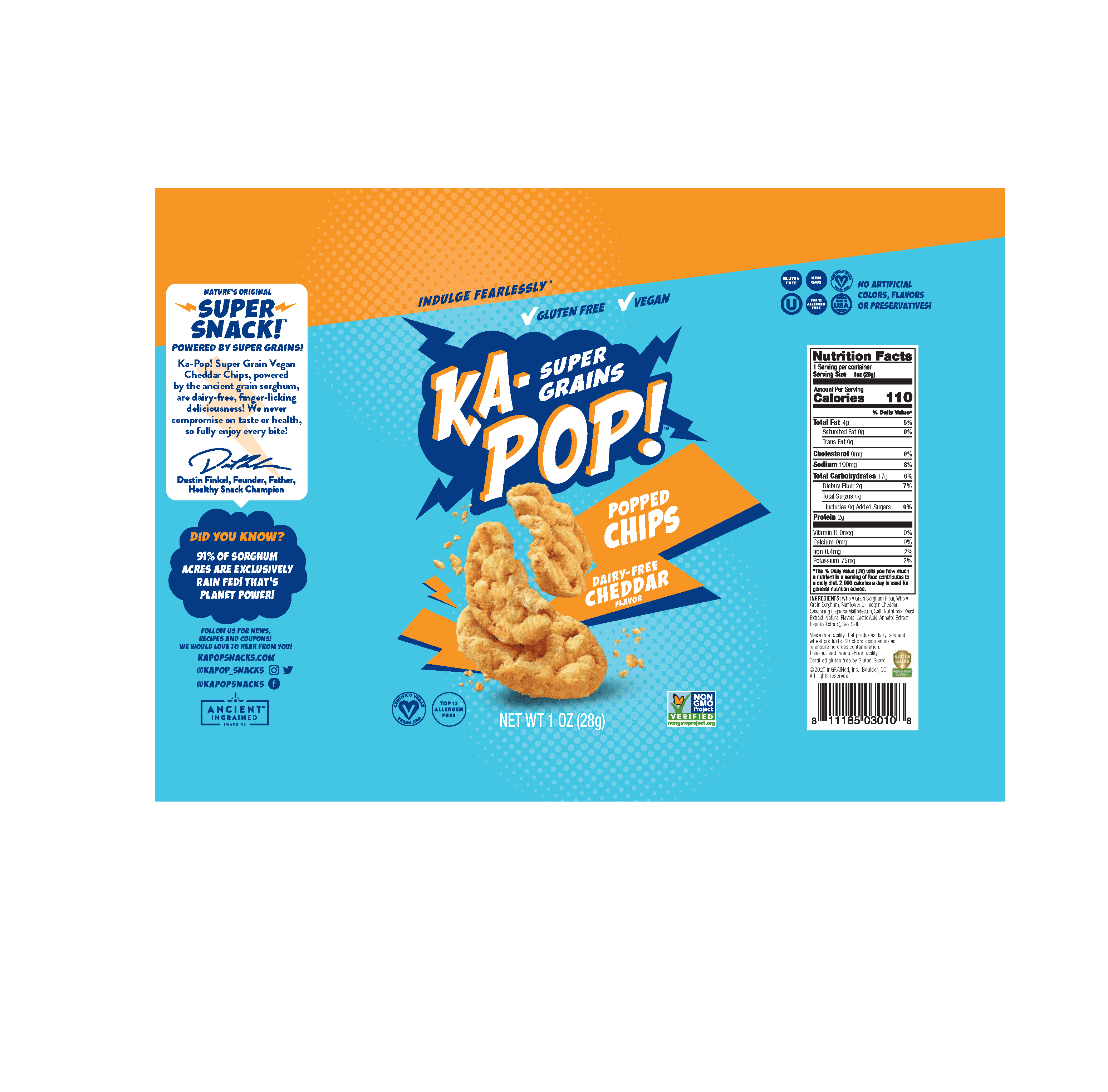 Ka-Pop! Vegan Cheddar Popped Chips 24 units per case 1.0 oz Product Label