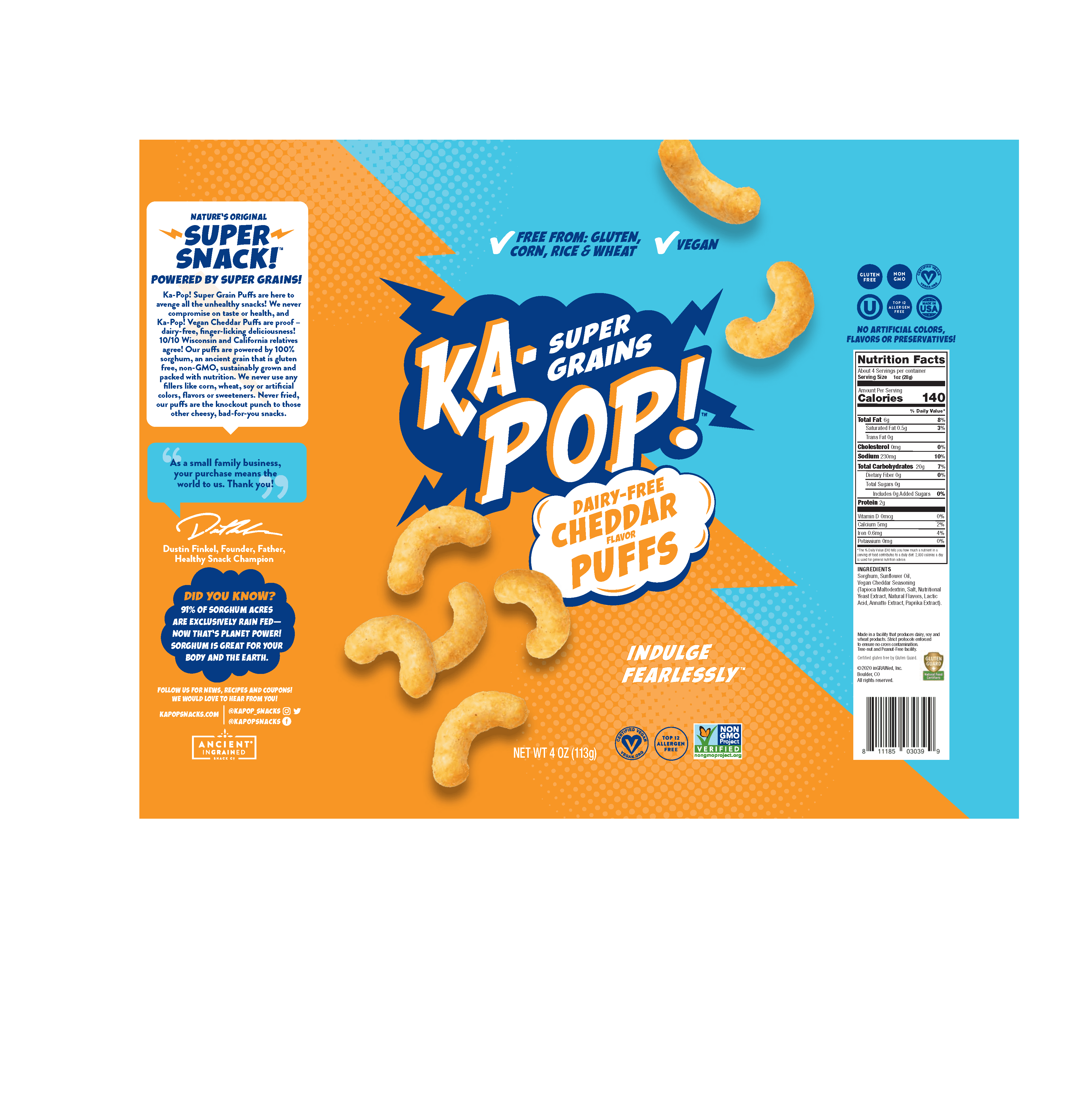Ka-Pop! Vegan Cheddar Puffs 6 units per case 4.0 oz Product Label