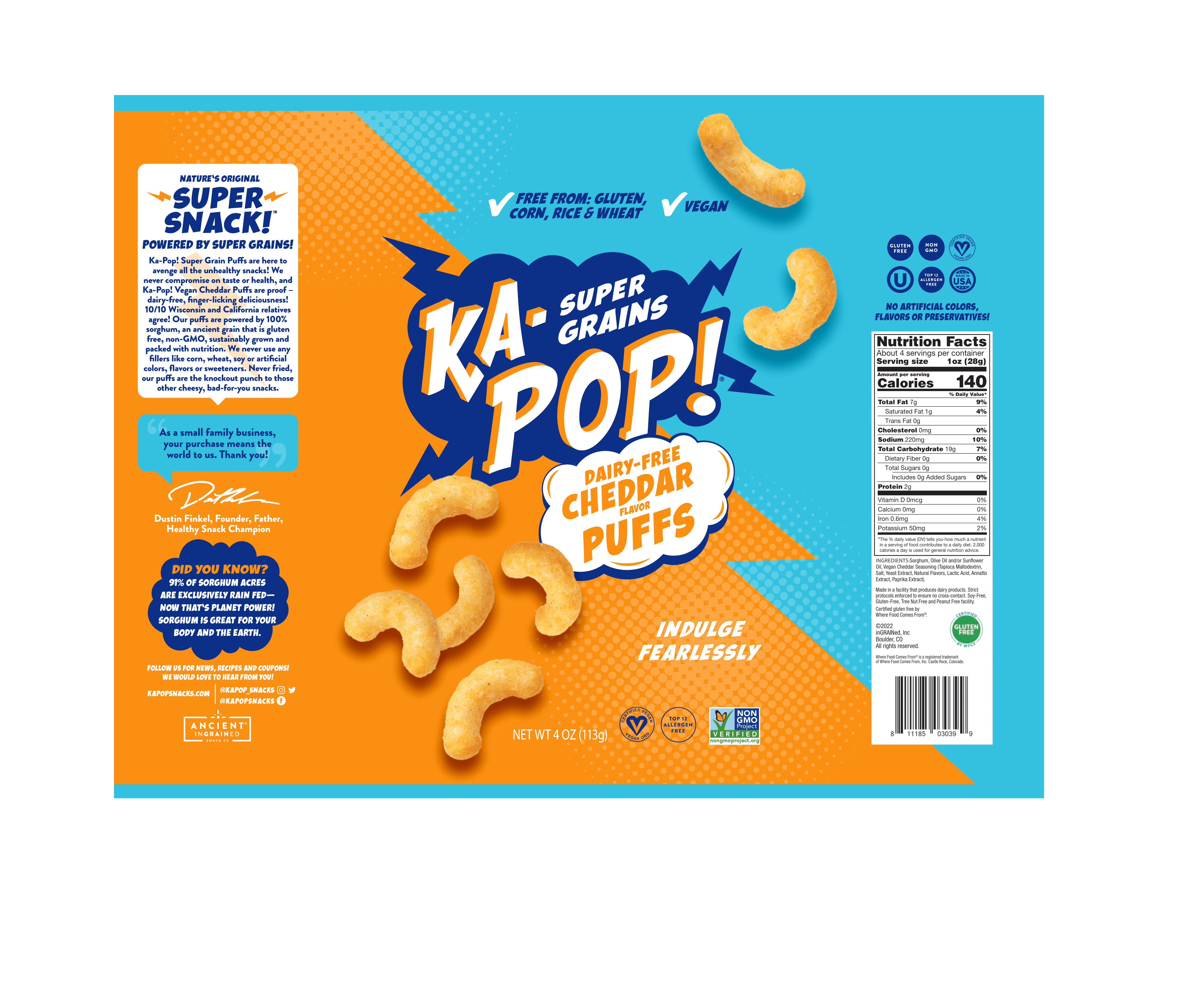 Ka-Pop! Dairy-Free Cheddar Puffs 6 units per case 4.0 oz Product Label