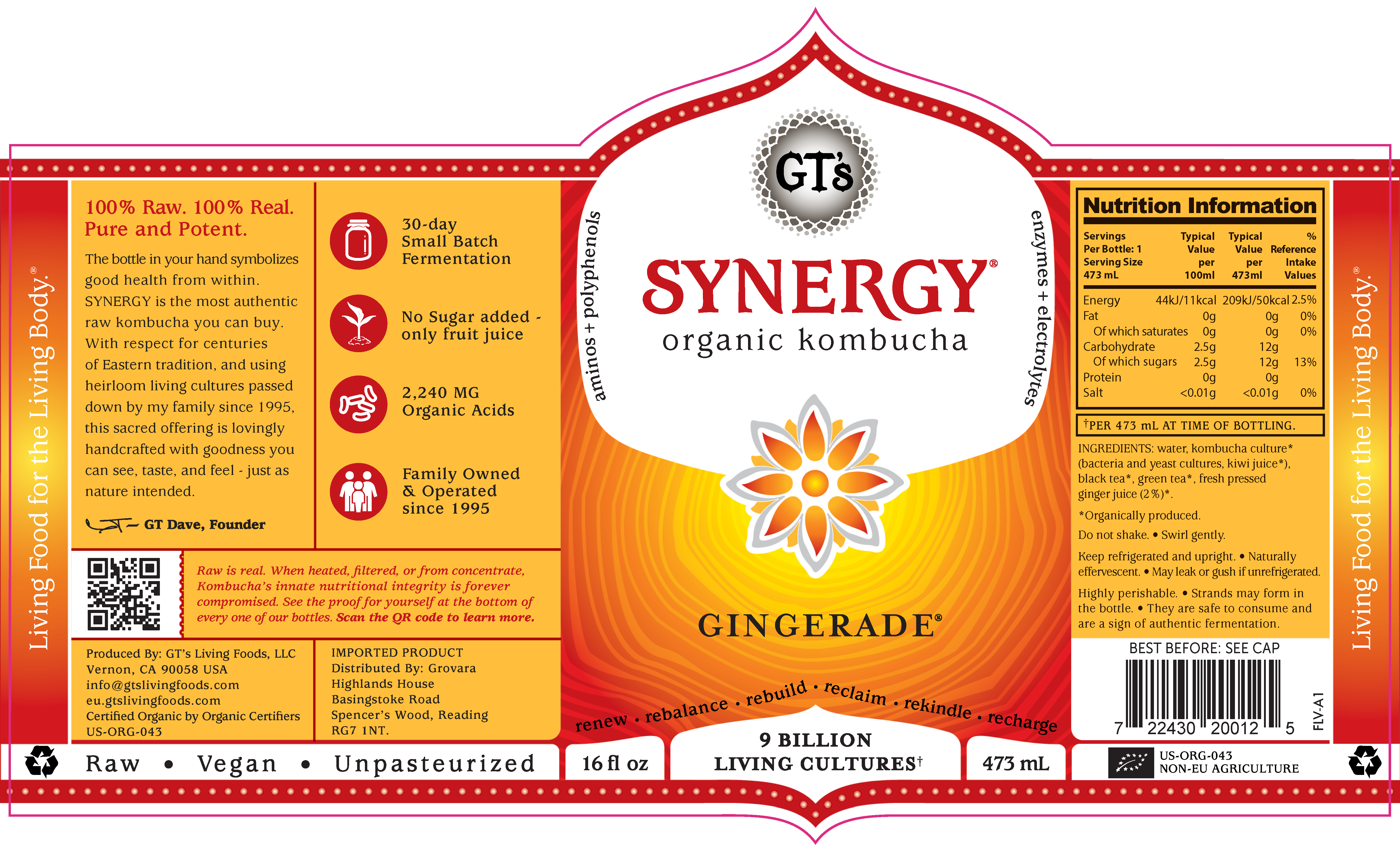 GT's Synergy Kombucha Gingerade 12 units per case 16.0 fl Product Label
