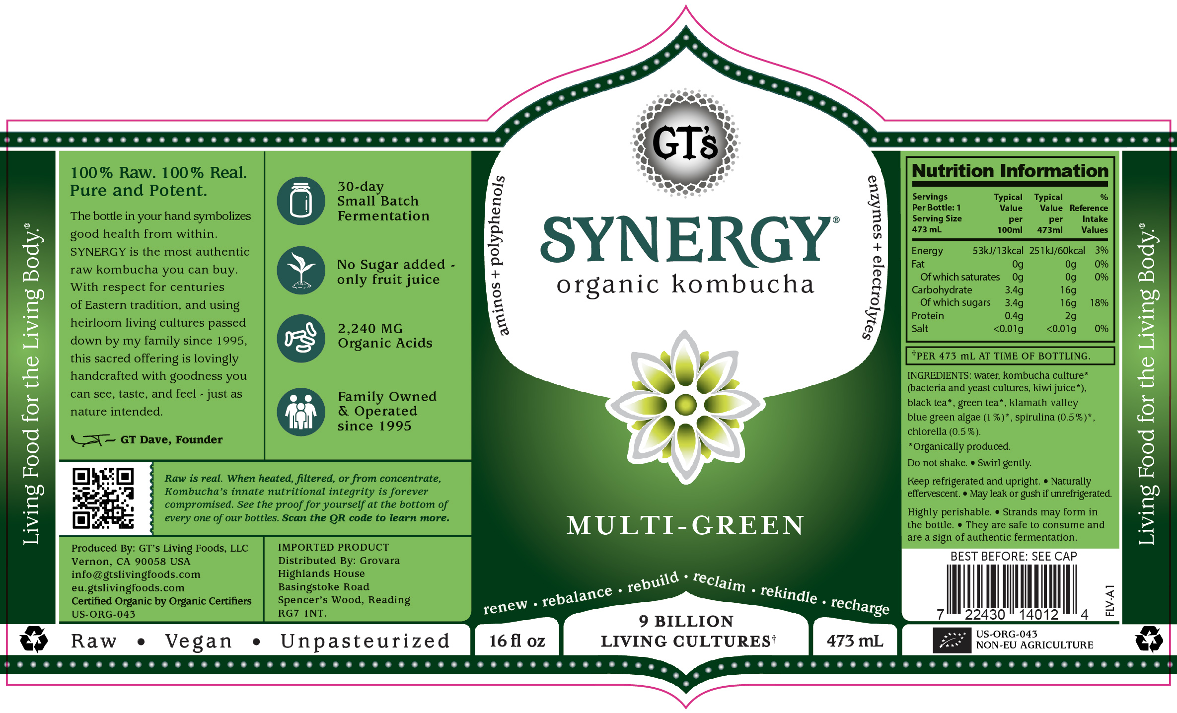 GT's Synergy Kombucha Multi-Green 12 units per case 16.0 fl Product Label