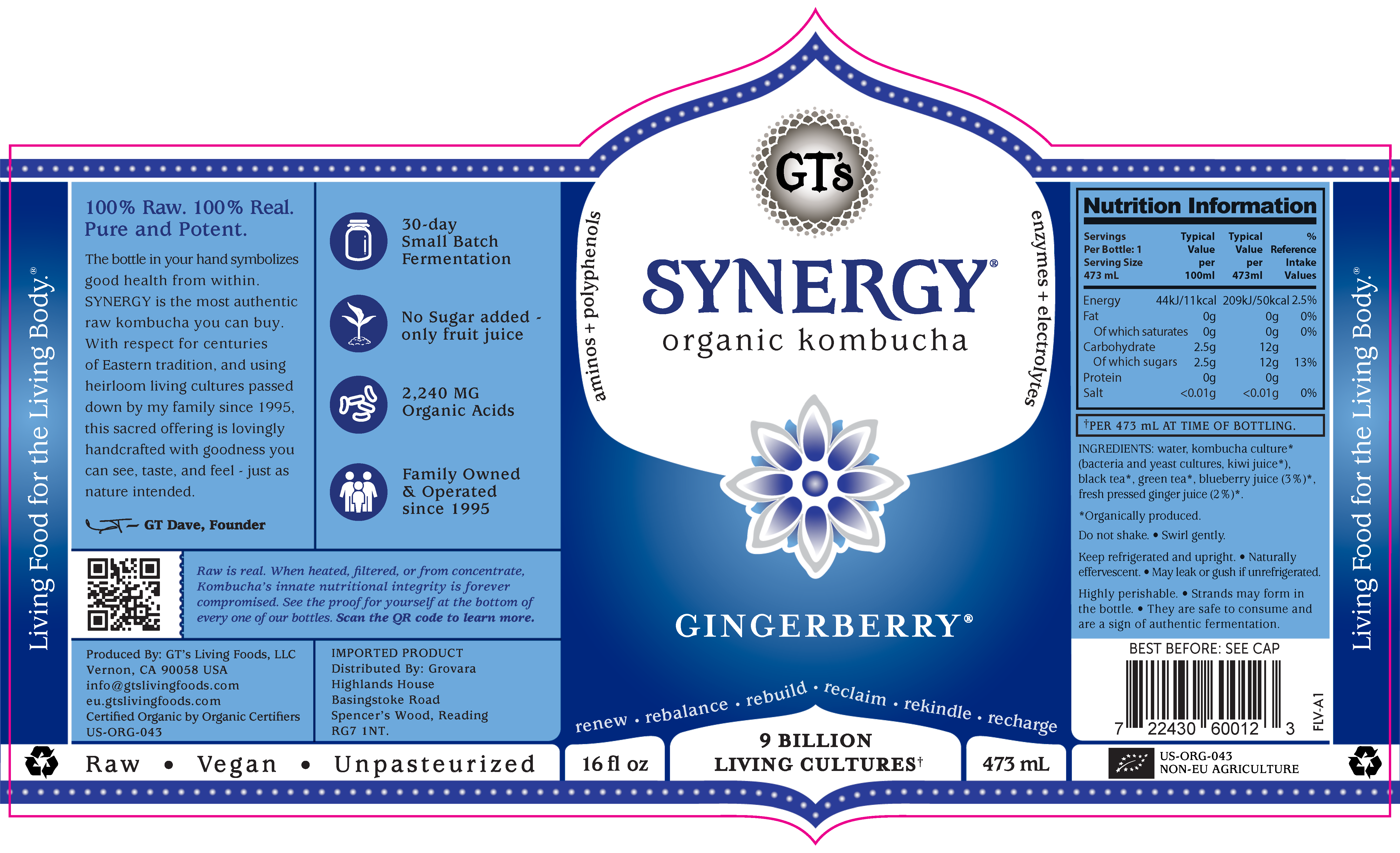 GT's Synergy Kombucha Gingerberry 12 units per case 16.0 fl Product Label