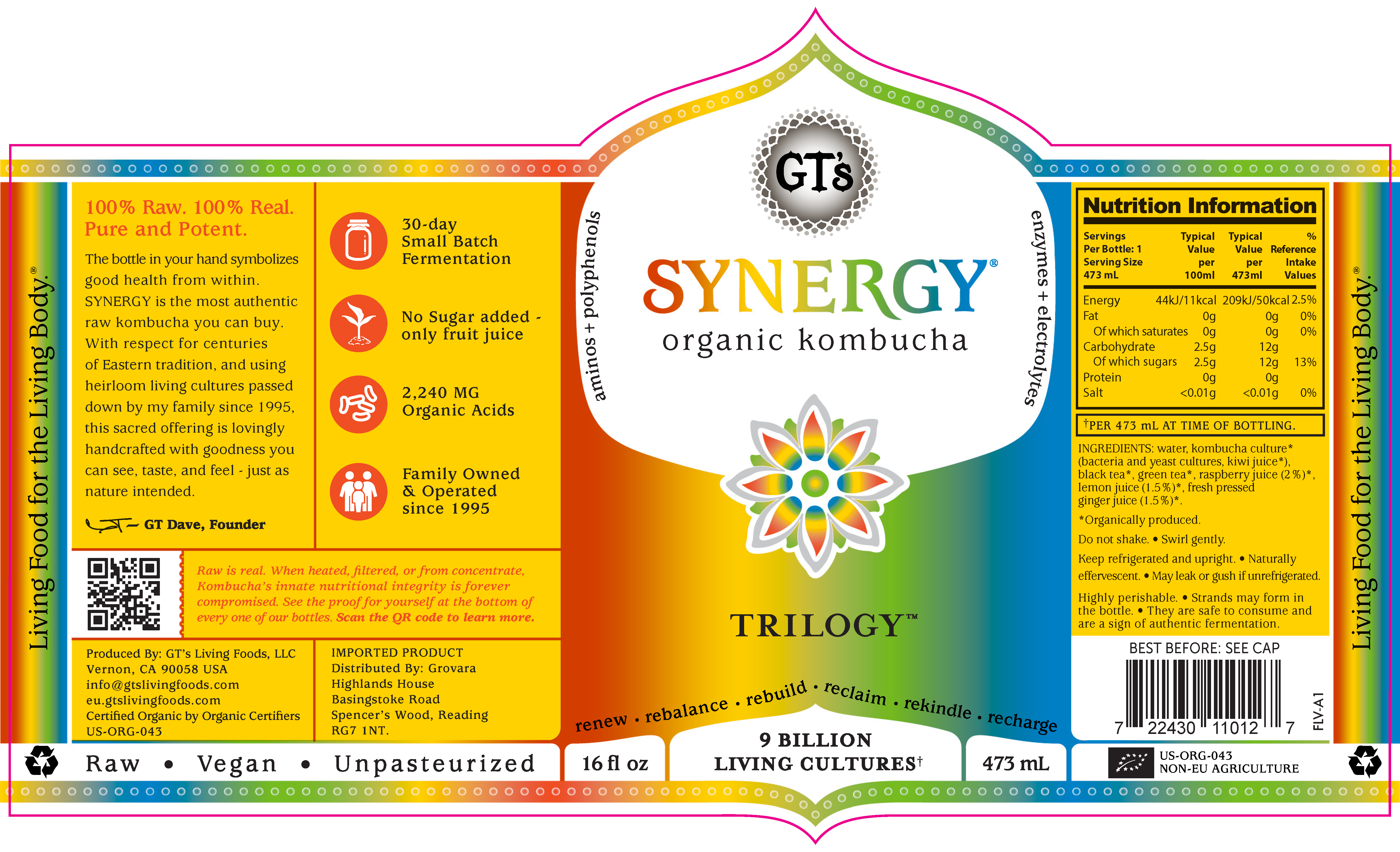 GT's Synergy Kombucha Trilogy 12 units per case 16.0 fl Product Label