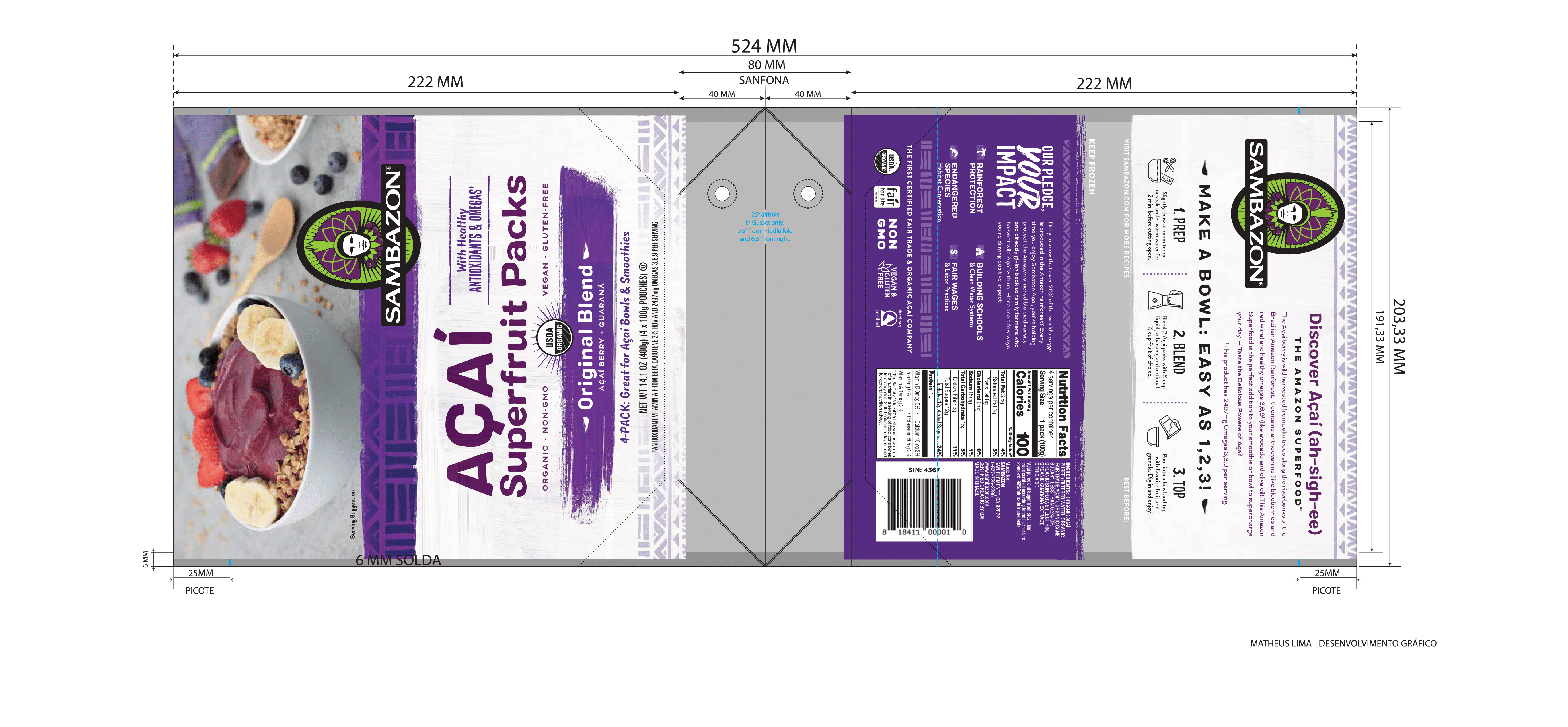 Sambazon Original Blend Frozen Acai Pack 10 units per case 14.2 oz Product Label