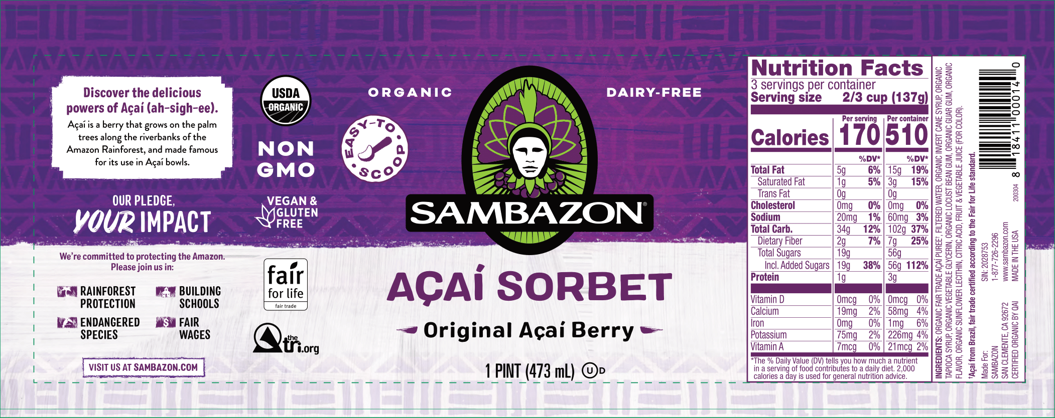 Sambazon Original Acai Blend Sorbet, Pint 8 units per case 16.0 oz Product Label
