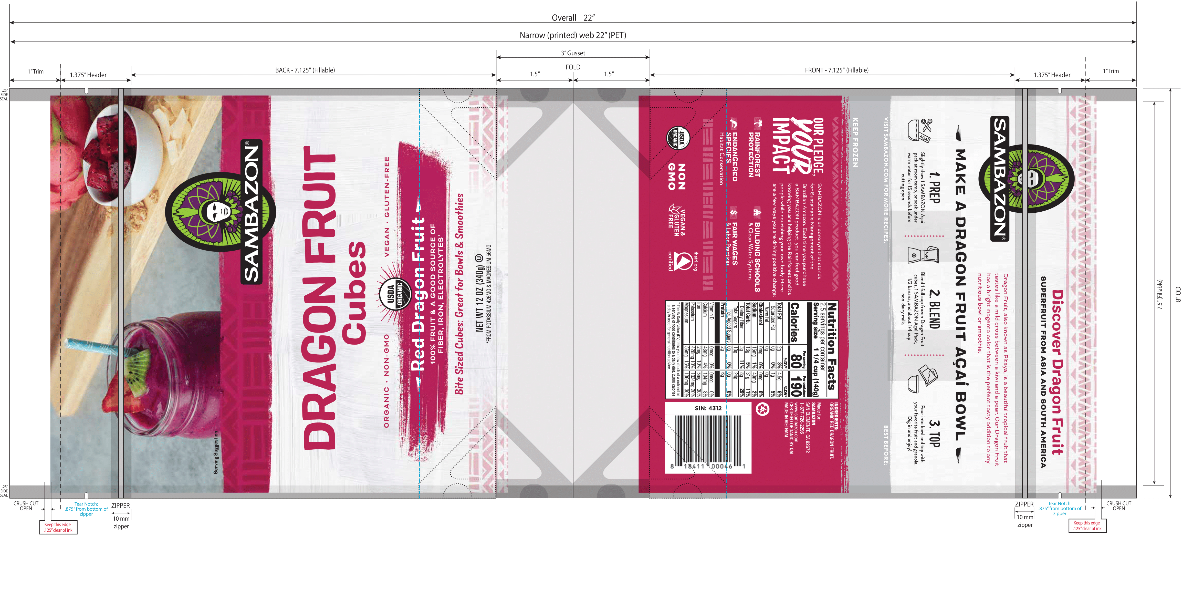 Sambazon Dragon Fruit Cubes 8 units per case 12.0 oz Product Label