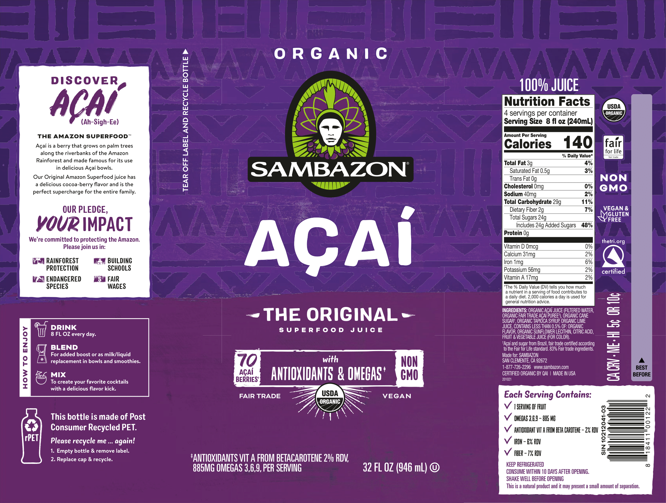 Sambazon Acai - The Original Juice, 32 oz 6 units per case 32.0 oz Product Label