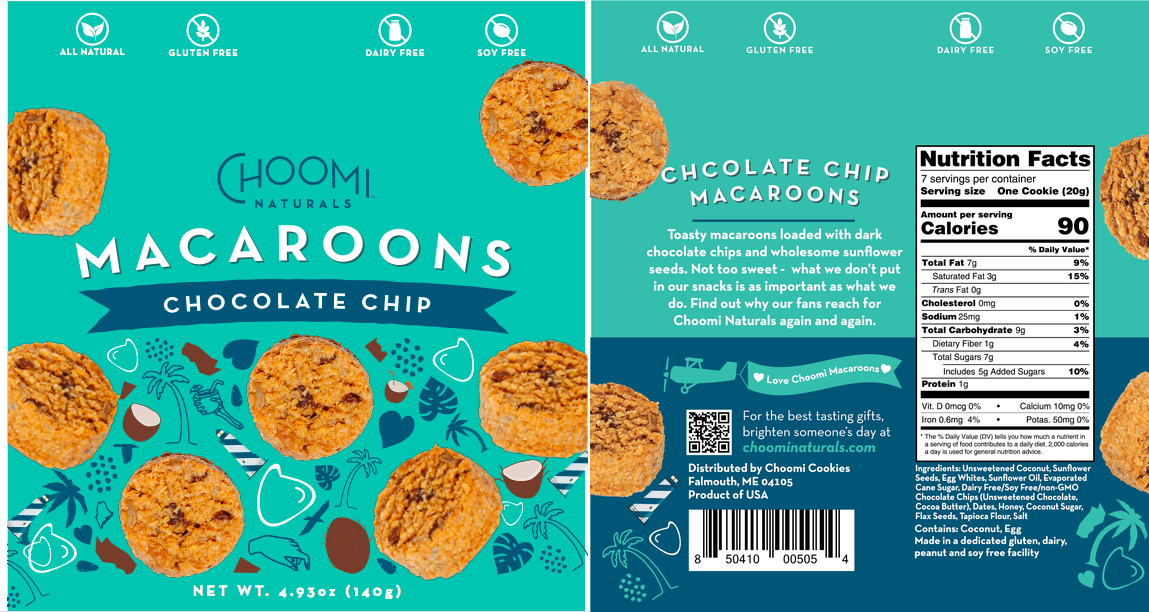 Choomi Cookies Macaroons Chocolate Chip 6 units per case 4.9 oz Product Label