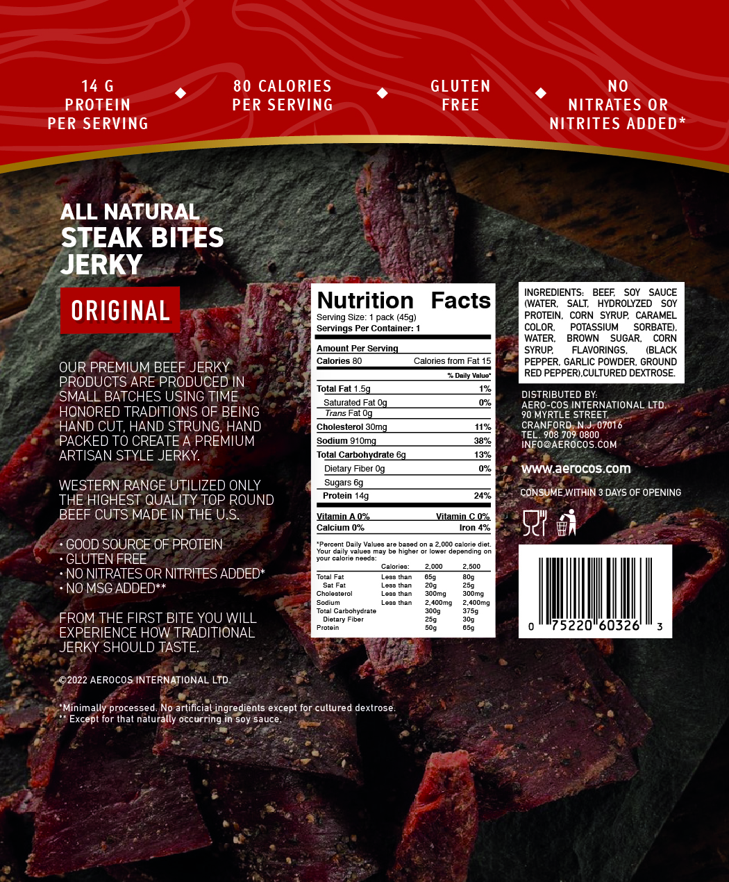 Western Range Beef Jerky Steak Bites - Original (Halal) 12 units per case 1.6 oz