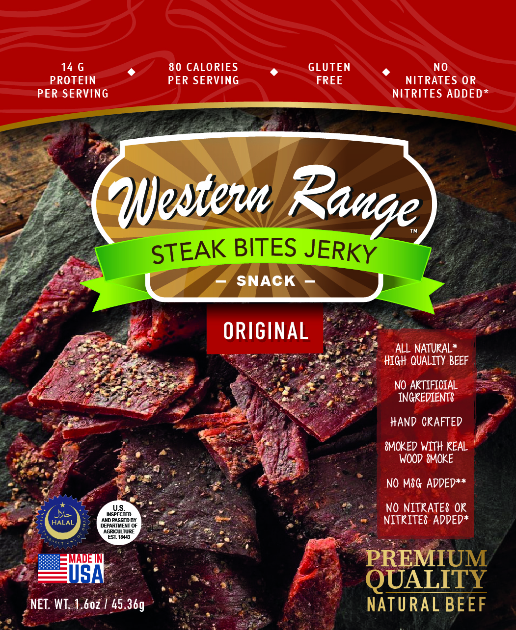 Western Range Beef Jerky Steak Bites - Original (Halal) 12 units per case 1.6 oz