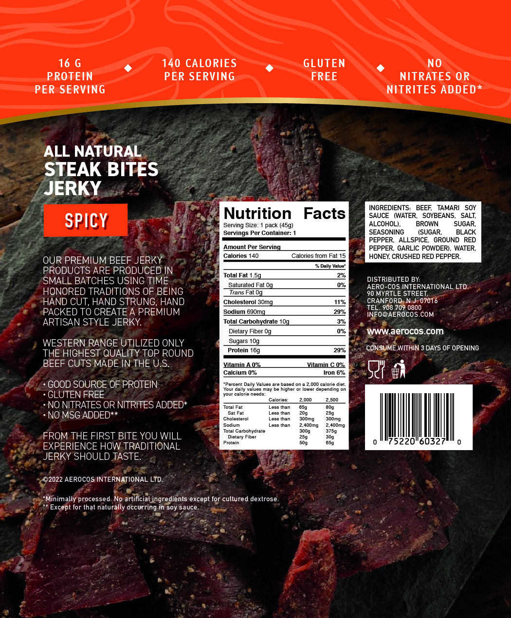 Western Range Beef Jerky Steak Bites - Spicy (Halal) 12 units per case 1.6 oz