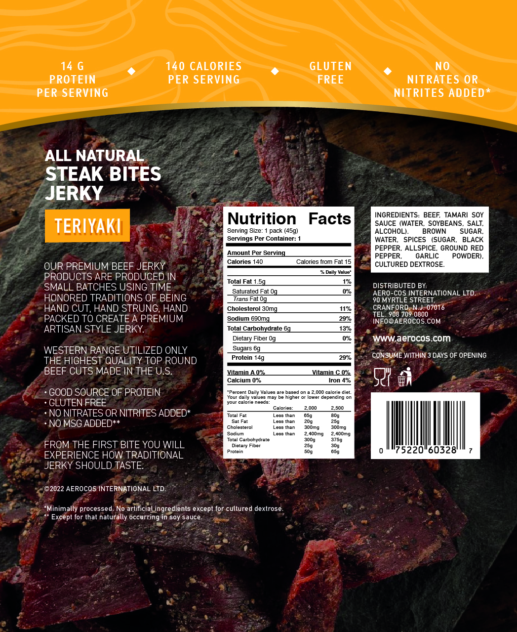 Western Range Beef Jerky Steak Bites - Teriyaki (Halal) 12 units per case 1.6 oz