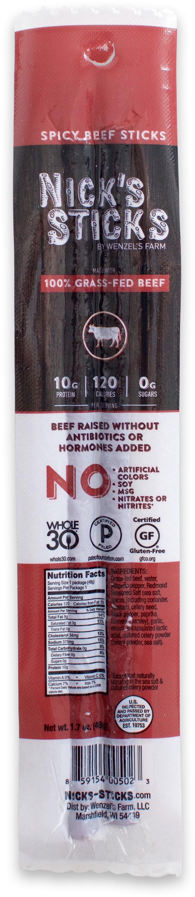 Nick's Sticks Spicy 100% Grass-Fed Beef Snack Sticks 4 innerpacks per case 1.7 oz