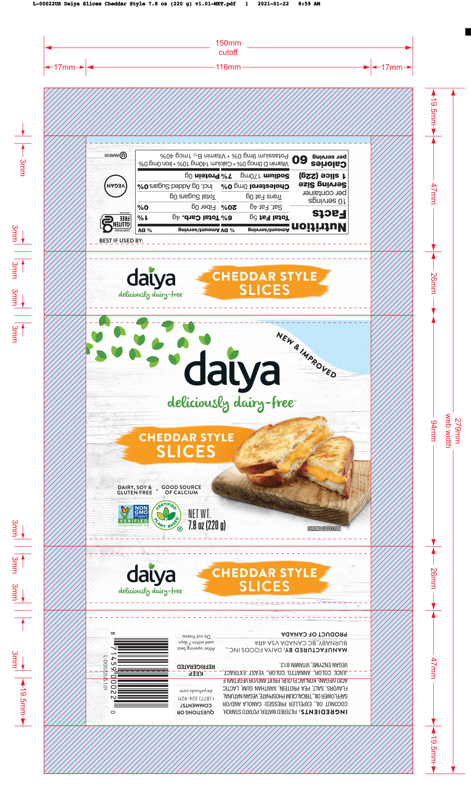Daiya Foods Cheddar Style Slices 8 units per case 222 g Product Label