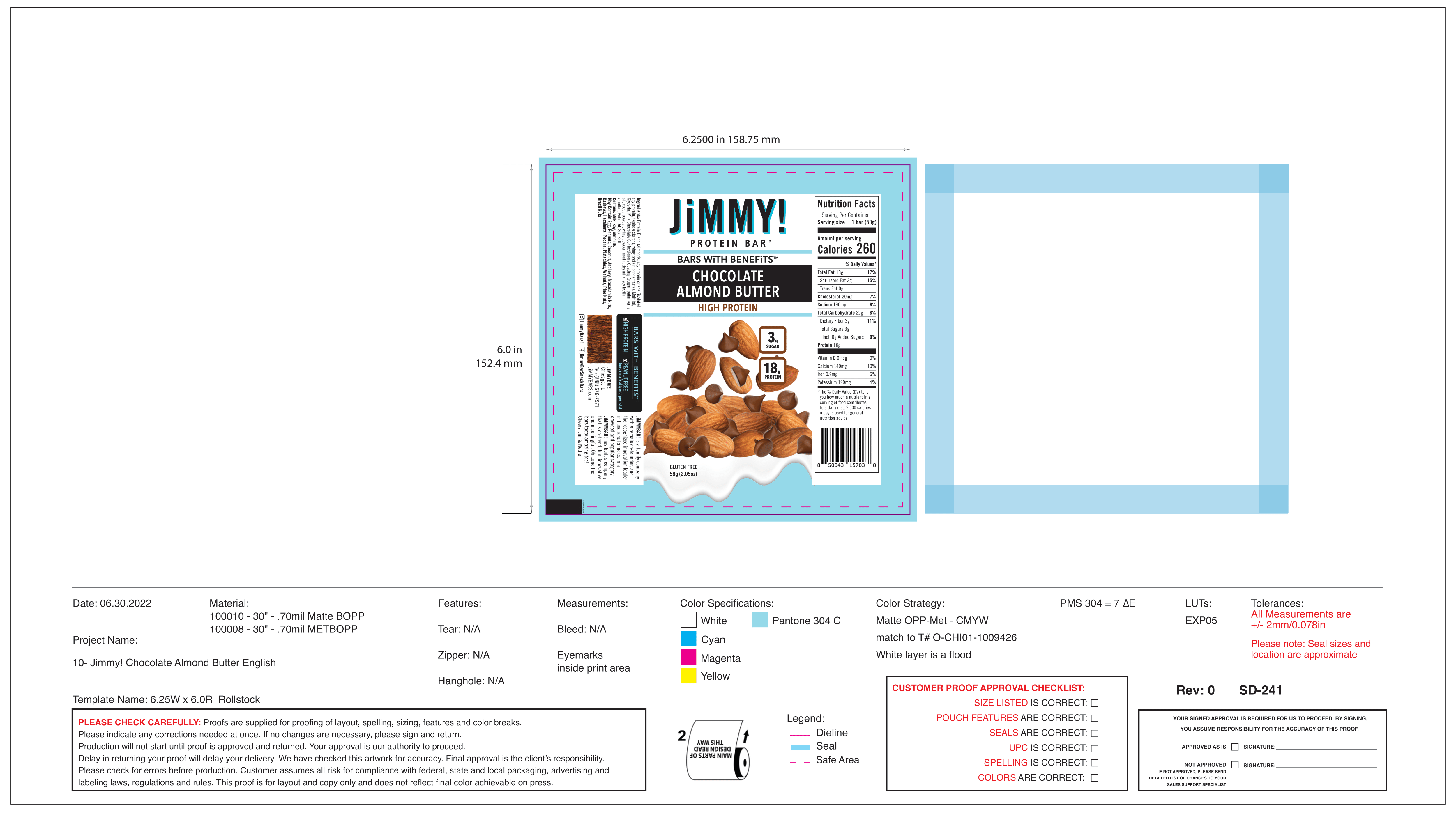 JiMMY! Chocolate Almond Butter 12 innerpacks per case 2.1 oz Product Label
