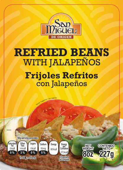 San Miguel Refried Bayo Beans With Jalapeno Pouch 227 Gr 24 units per case 227 g