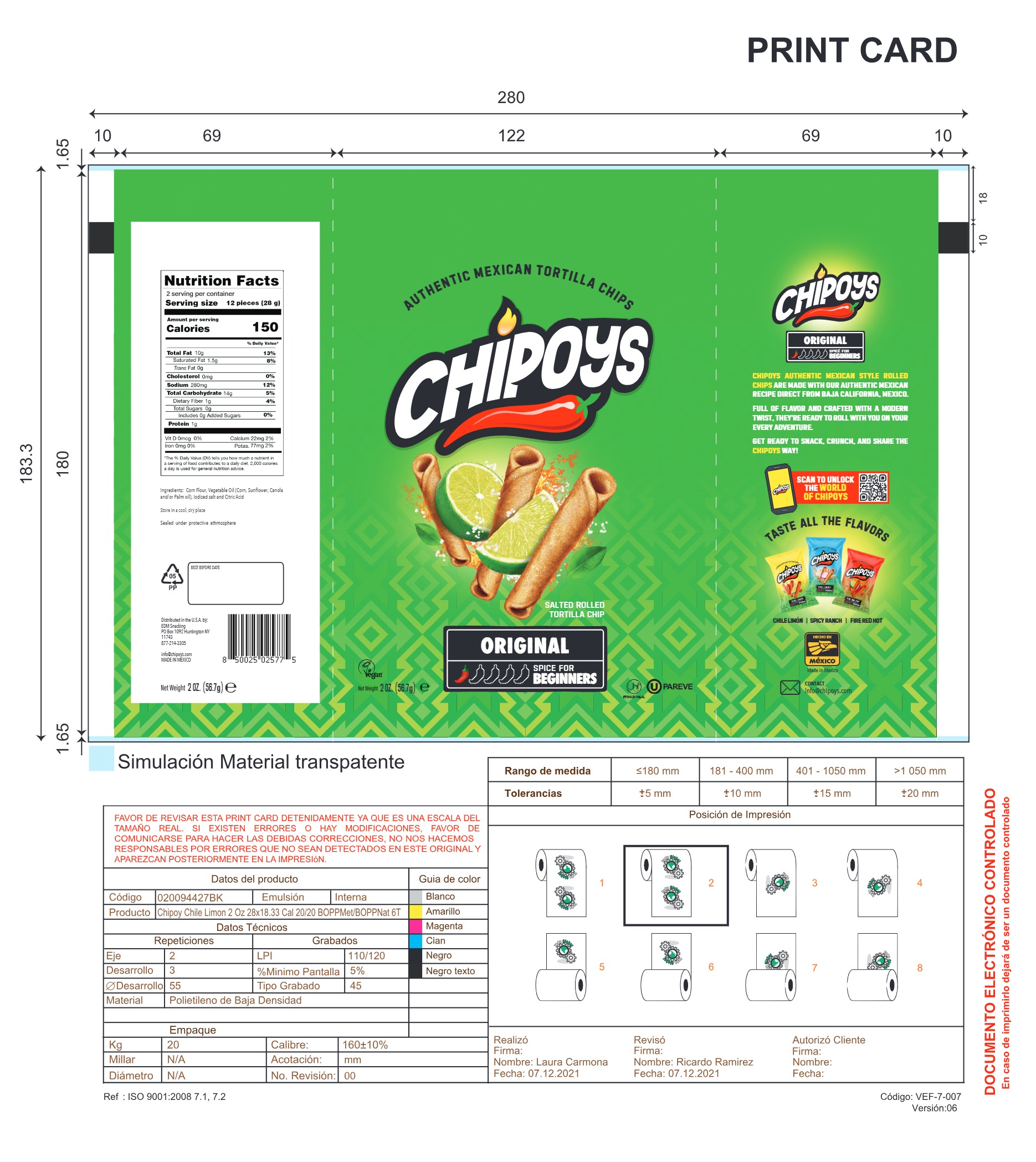 CHIPOYS Original 2 oz 12 innerpacks per case 57 g Product Label