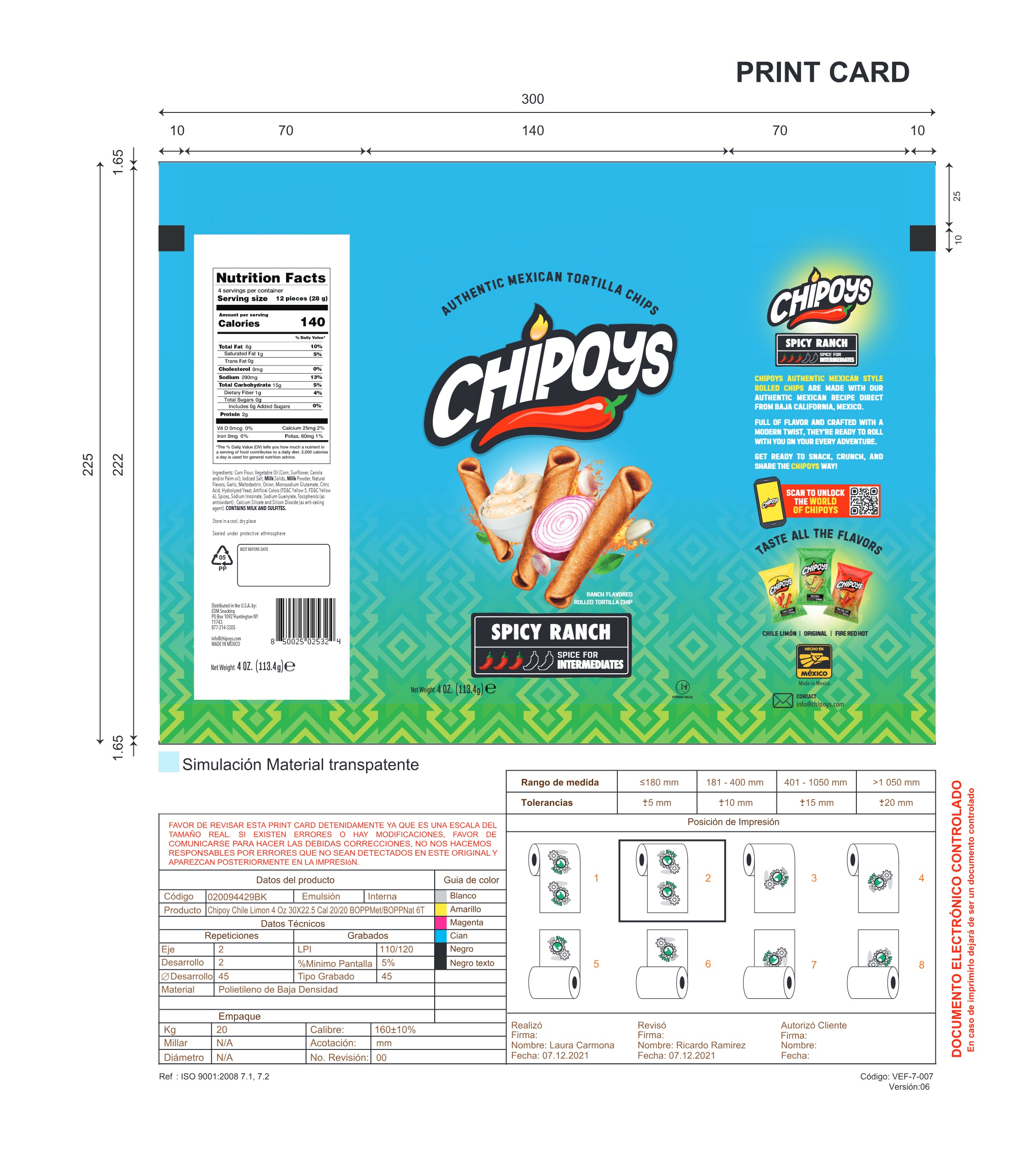 CHIPOYS Spicy Ranch 4 oz 8 innerpacks per case 114 g Product Label