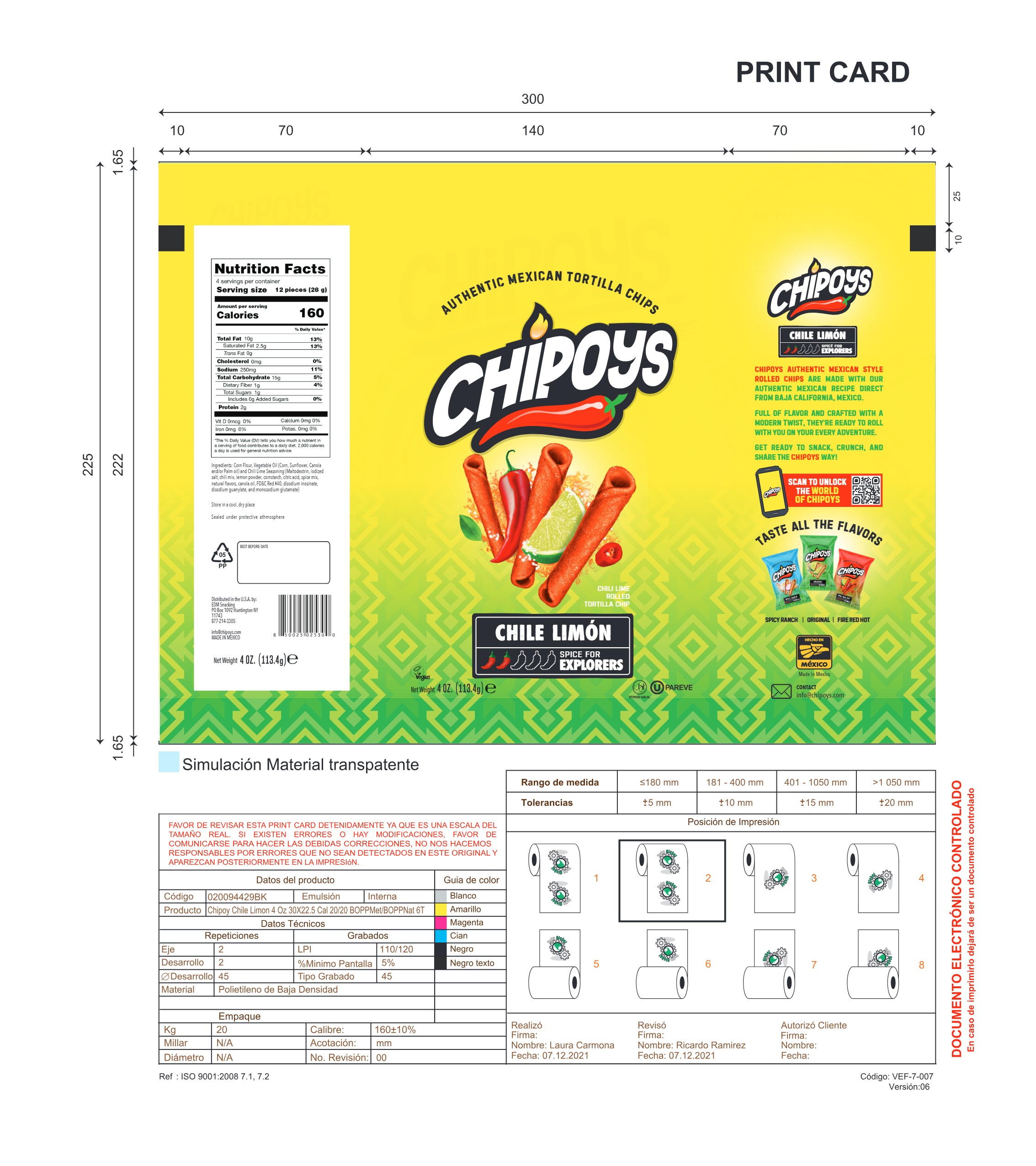 CHIPOYS Chile Limon 4 oz 12 innerpacks per case 114 g Product Label