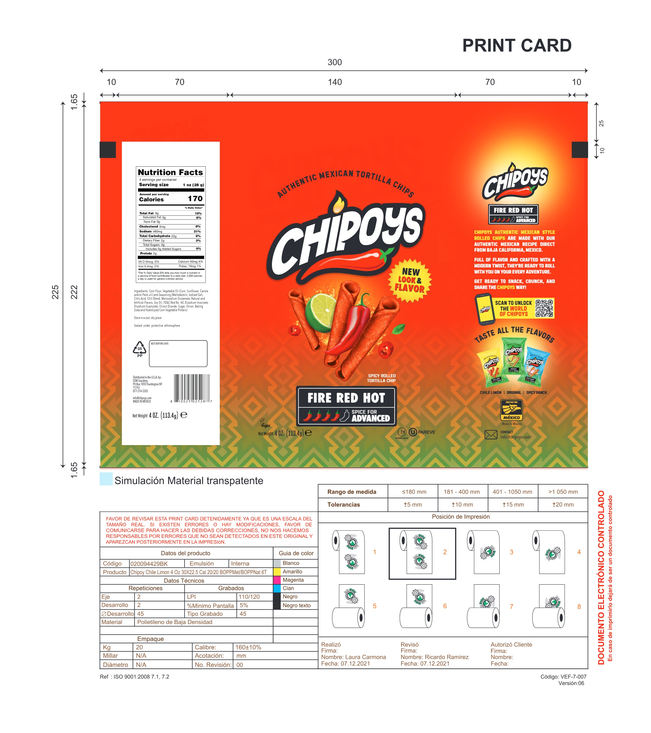 CHIPOYS Fire Red Hot 4 oz 12 innerpacks per case 114 g Product Label