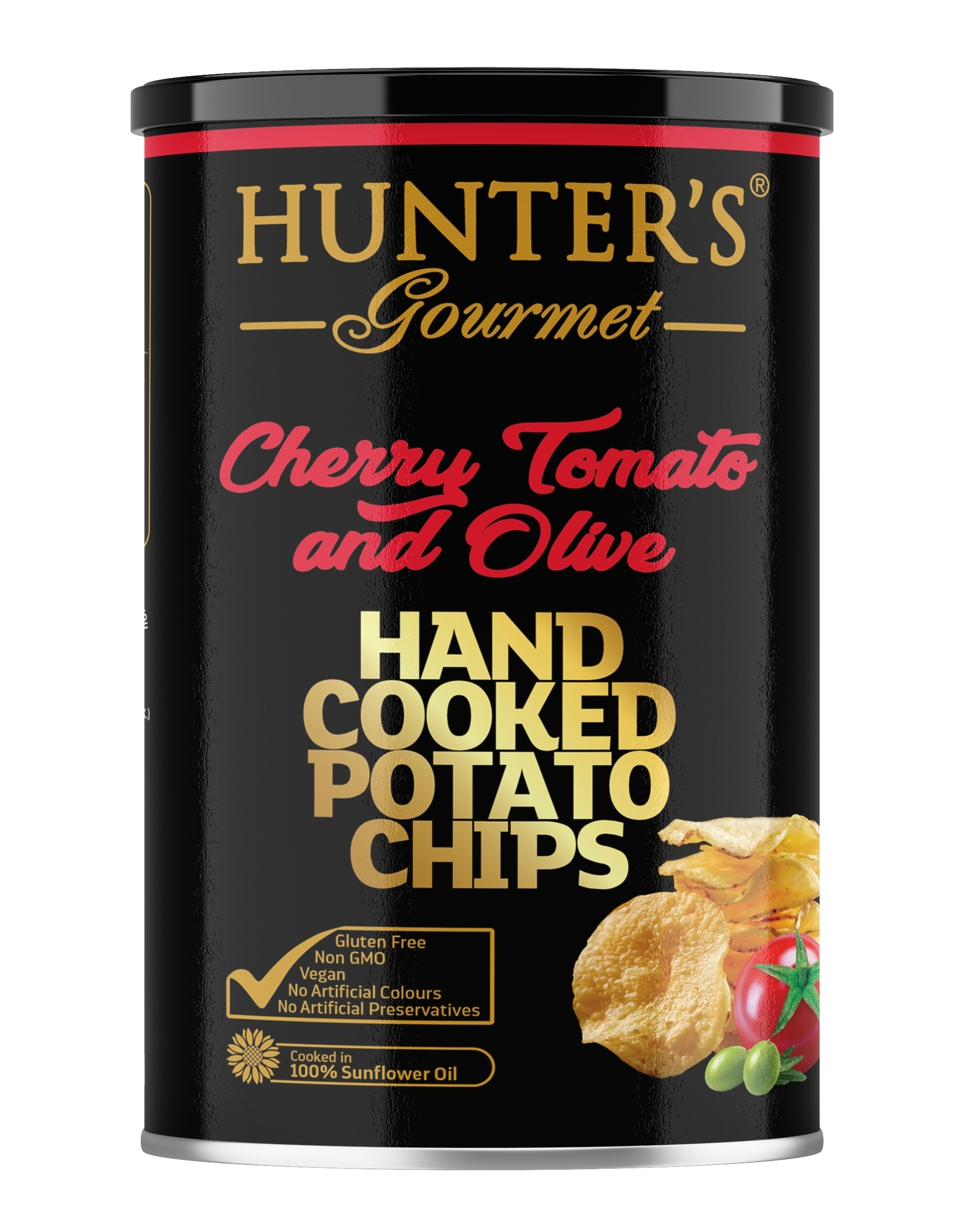 Hunter's Gourmet Hand Cooked Potato Chips Cherry Tomato and Olive 12 units per case 150 g