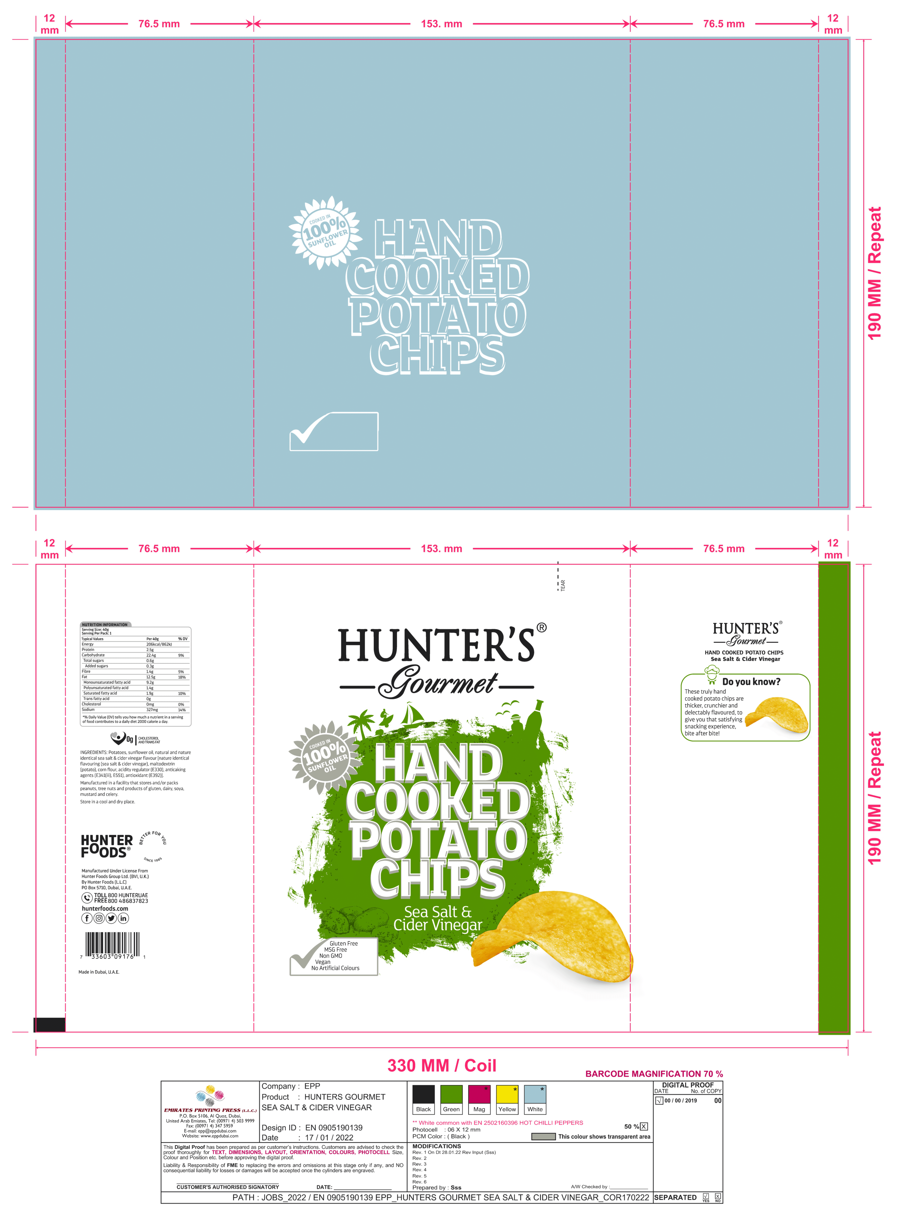 Hunter's Gourmet Hand Cooked Potato Chips Sea Salt & Cider Vinegar 24 units per case 40 g Product Label