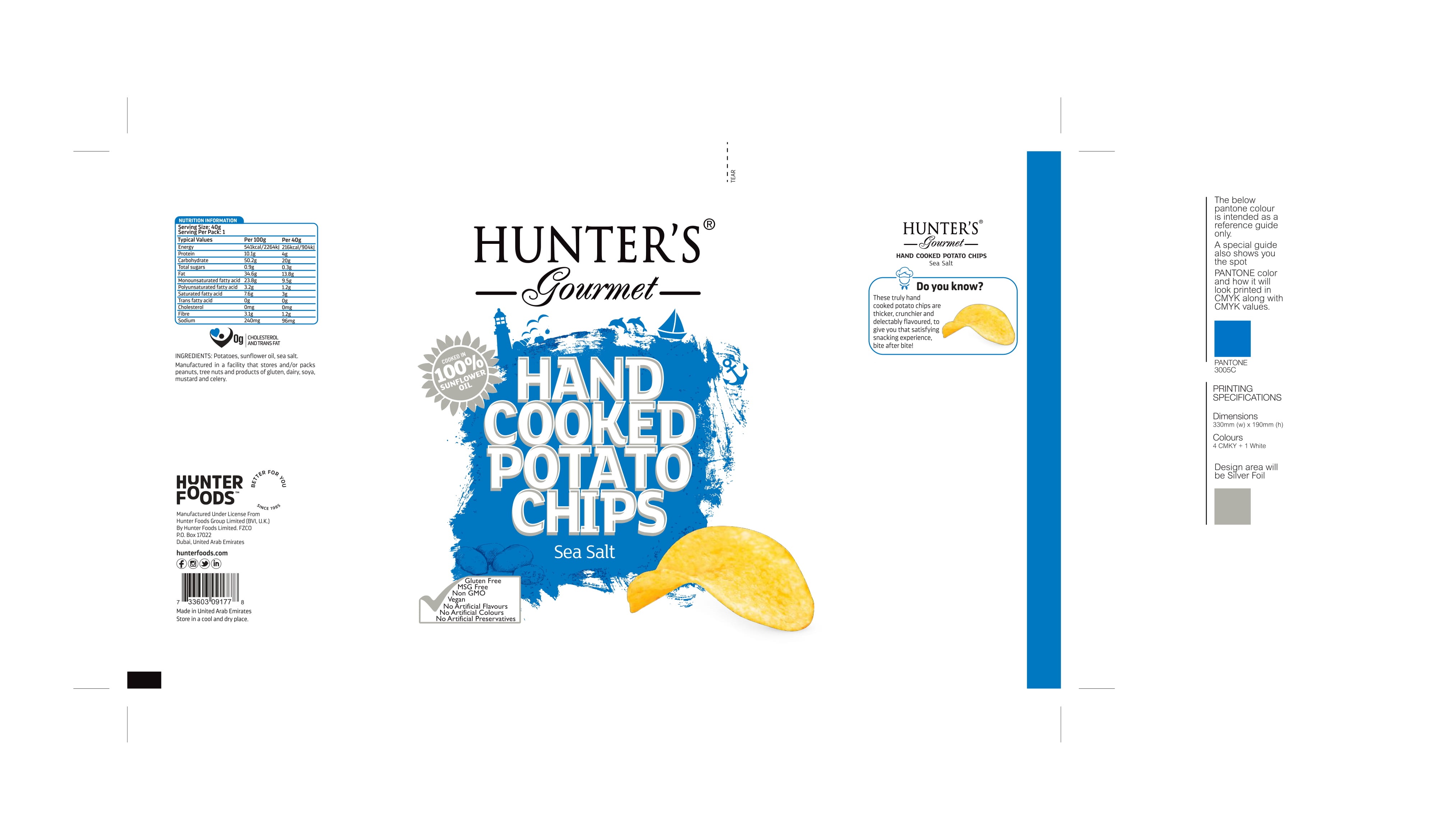 Hunter's Gourmet Hand Cooked Potato Chips Sea Salt 24 units per case 40 g Product Label