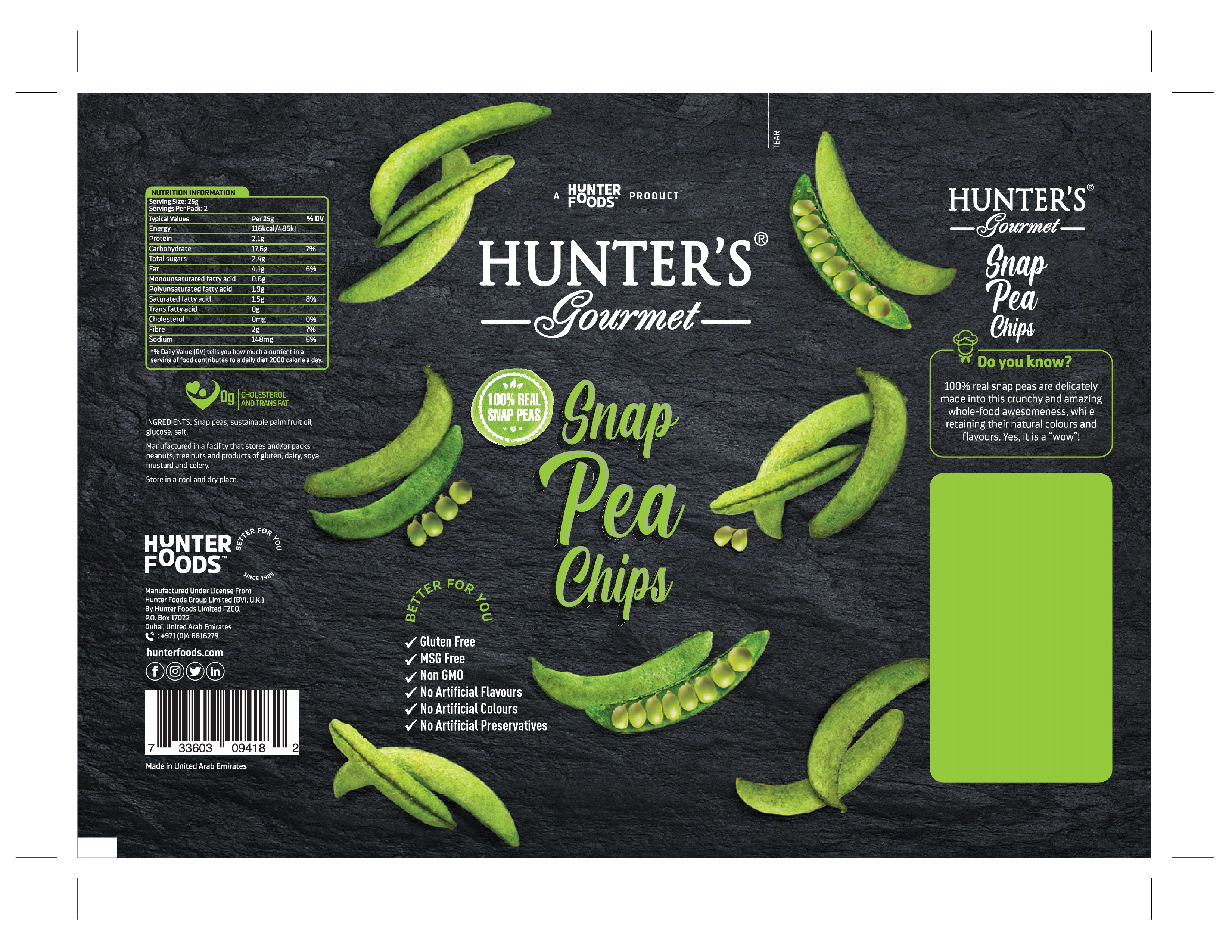Hunter's Gourmet Snap Pea Chips 24 units per case 50 g Product Label