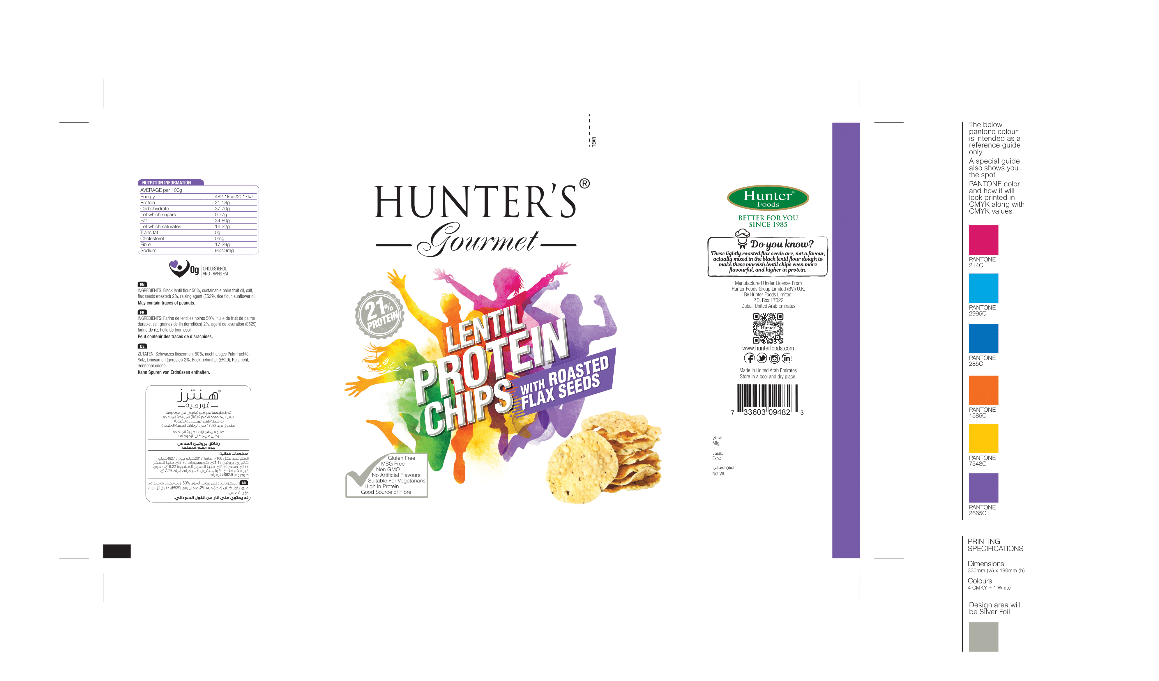 Hunter's Gourmet Lentil Protein Chips with Roasted Flax Seeds 24 units per case 25 g Product Label