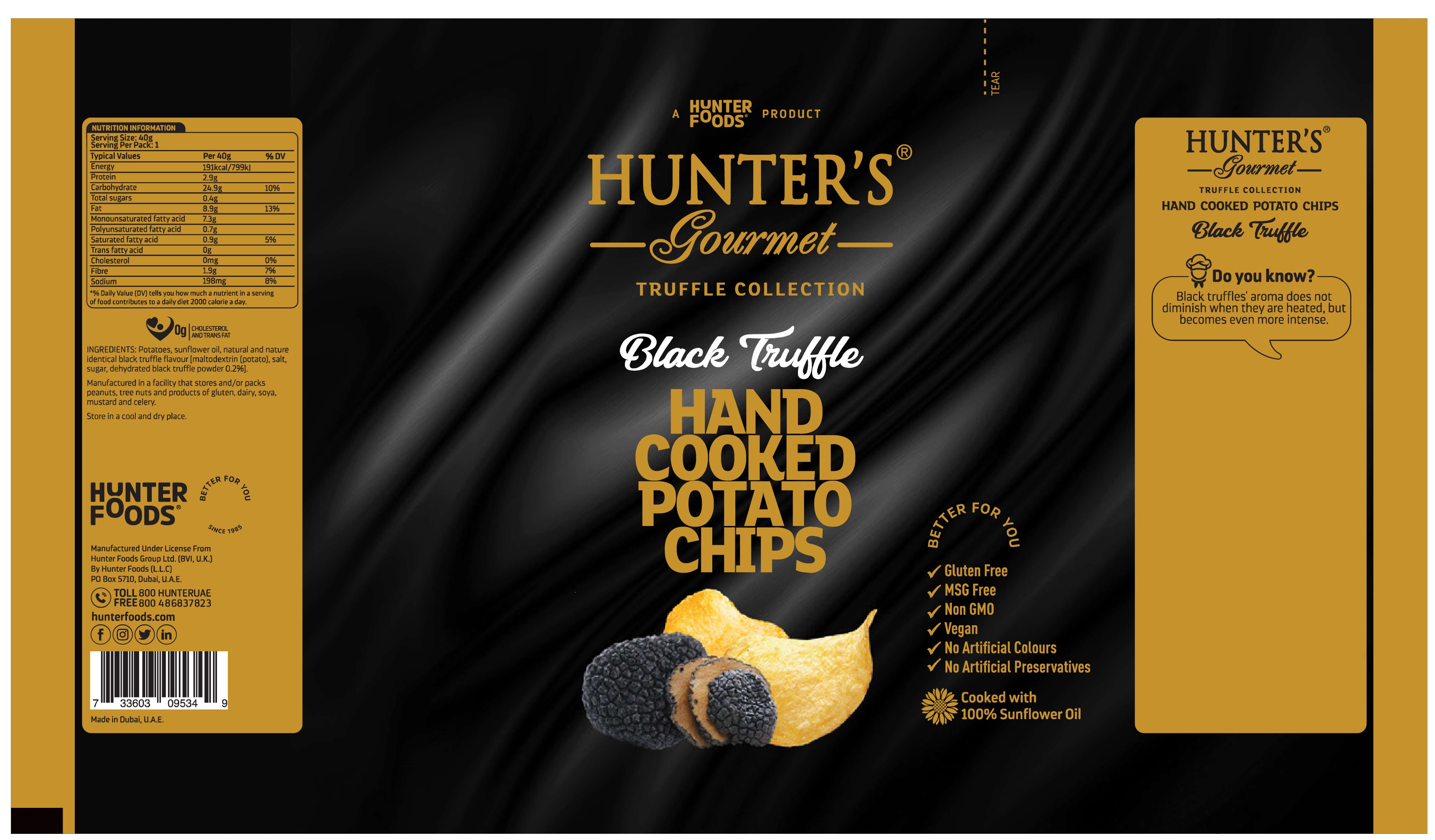 Hunter's Gourmet Hand Cooked Potato Chips Black Truffle 24 units per case 40 g Product Label